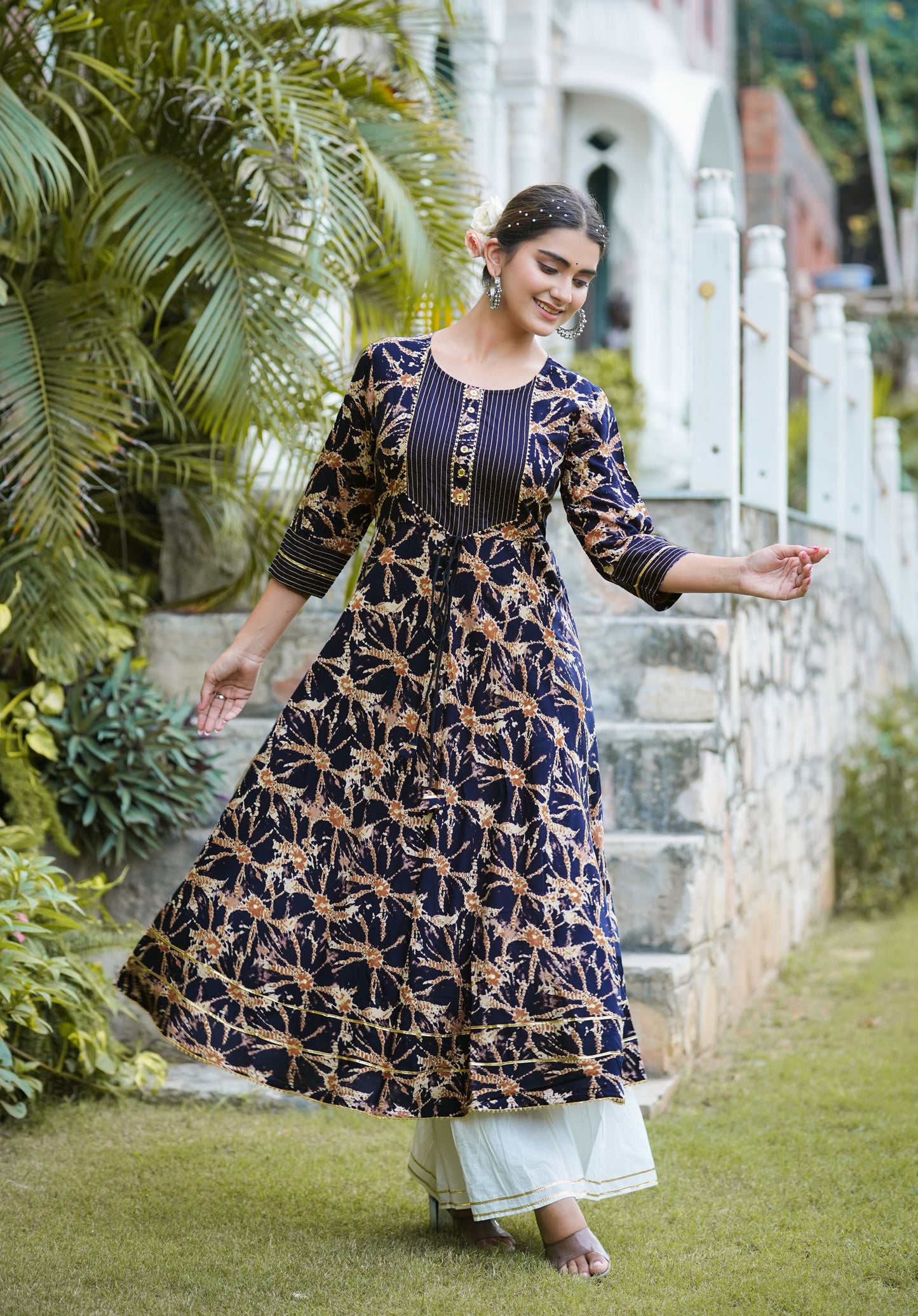 women cotton tie dye printed anarkali kurta orange