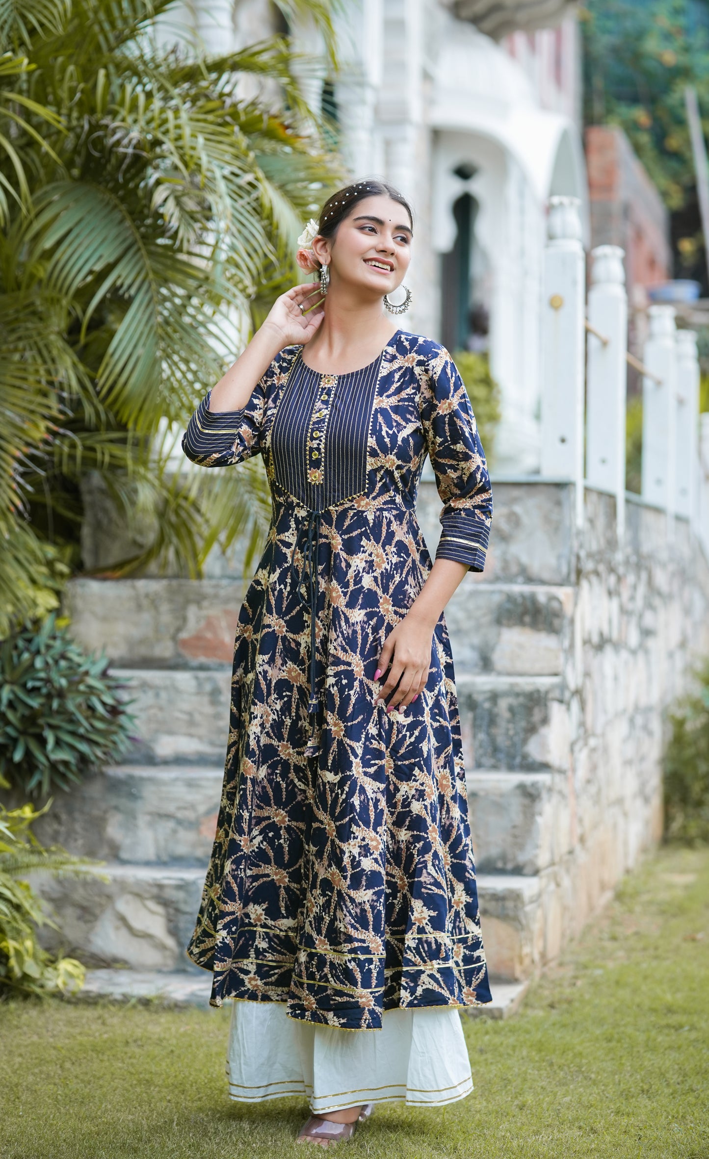 womens rayon abstract printed anarkali kurta blue