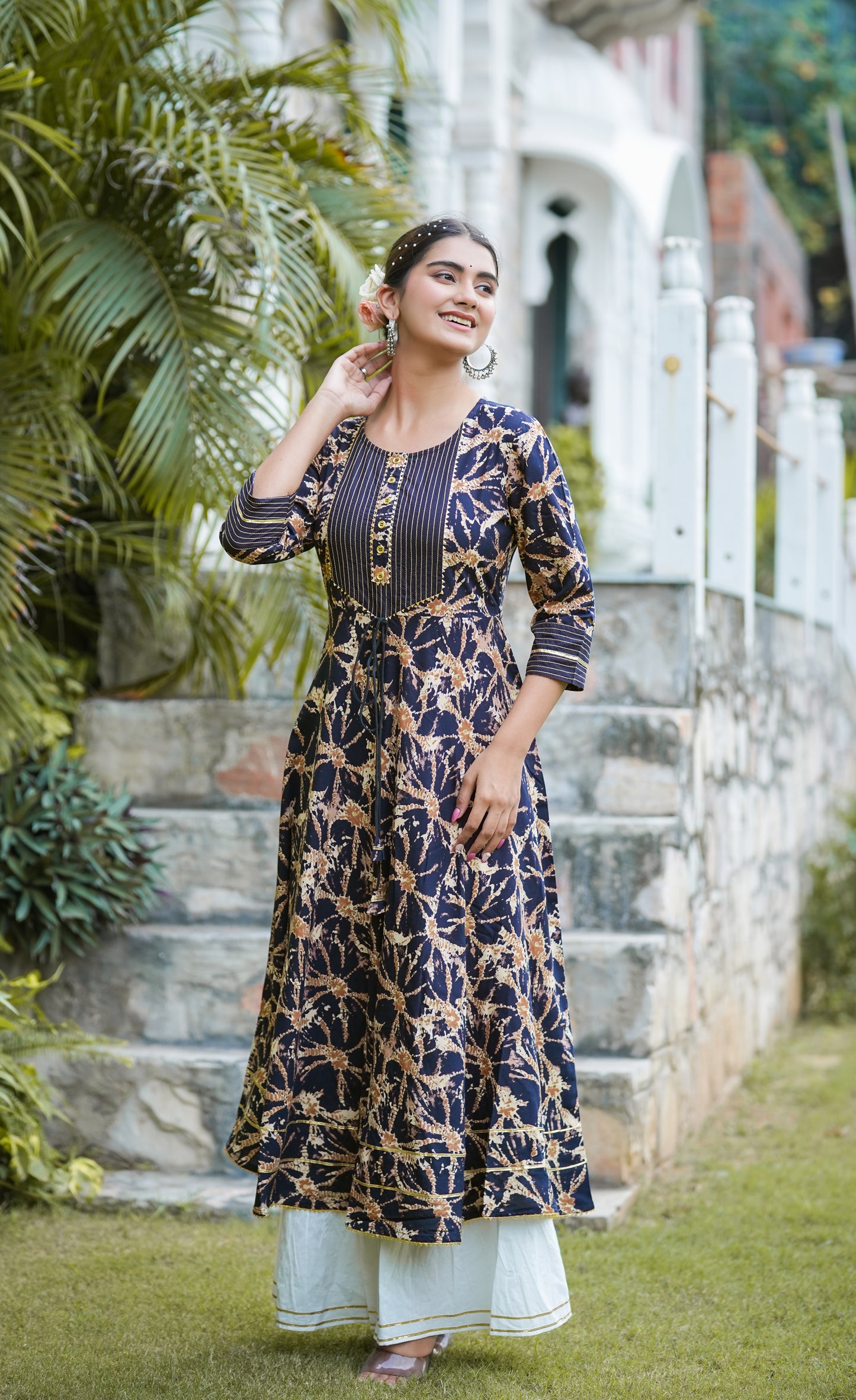 women cotton tie dye printed anarkali kurta orange