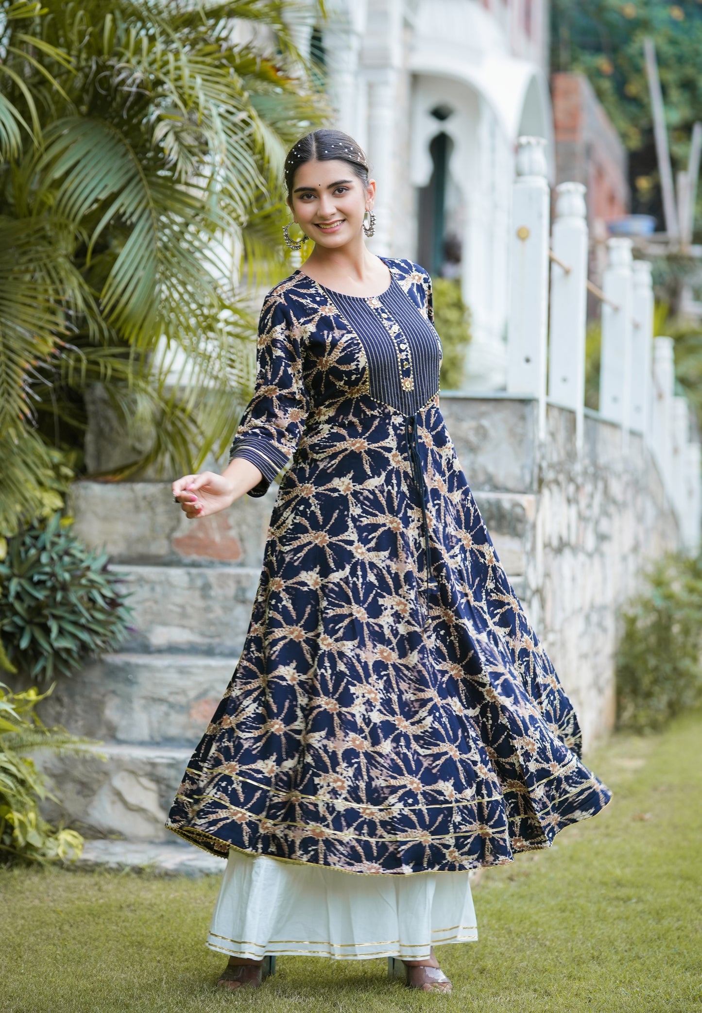 womens rayon abstract printed anarkali kurta blue