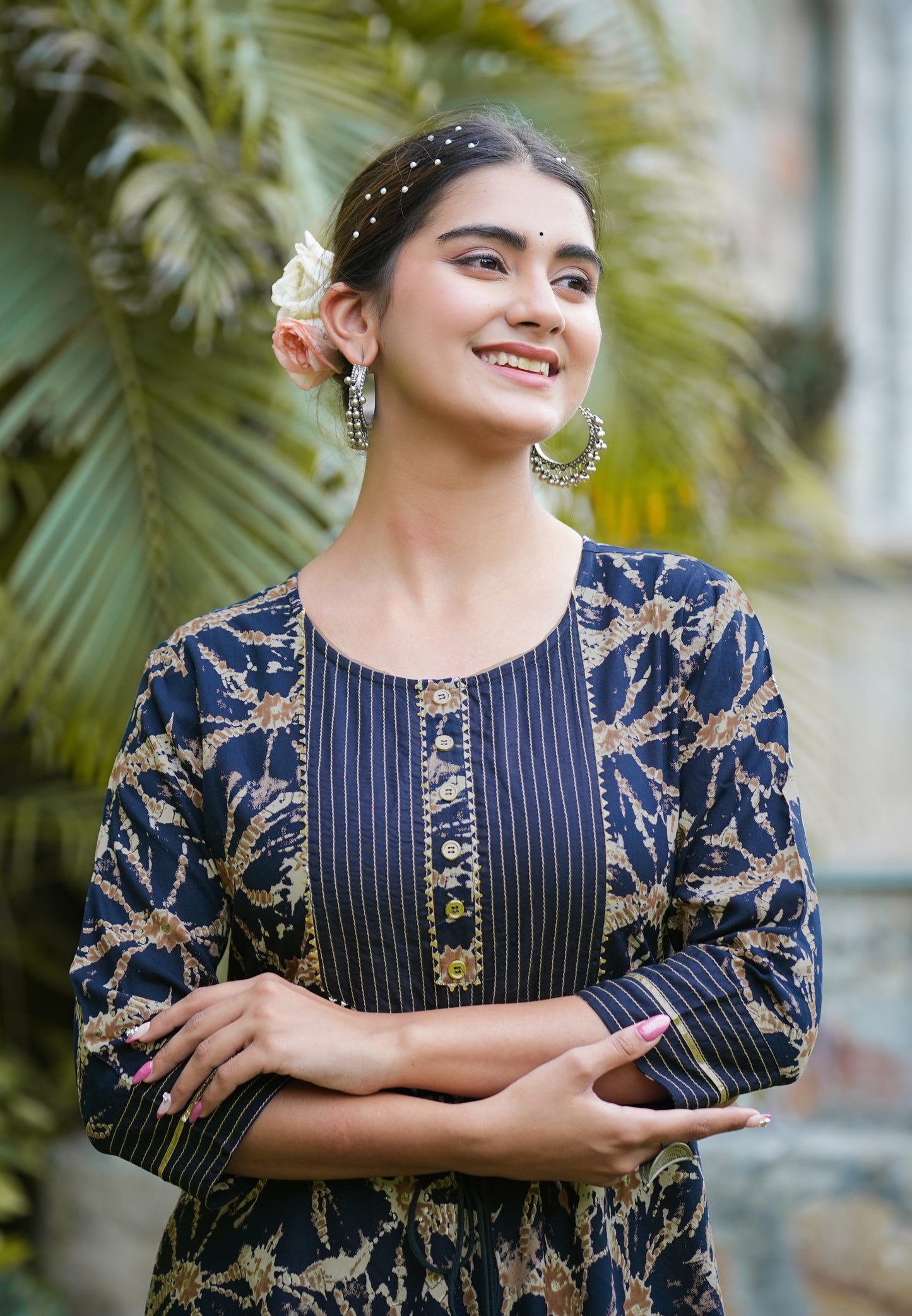 womens rayon abstract printed anarkali kurta blue