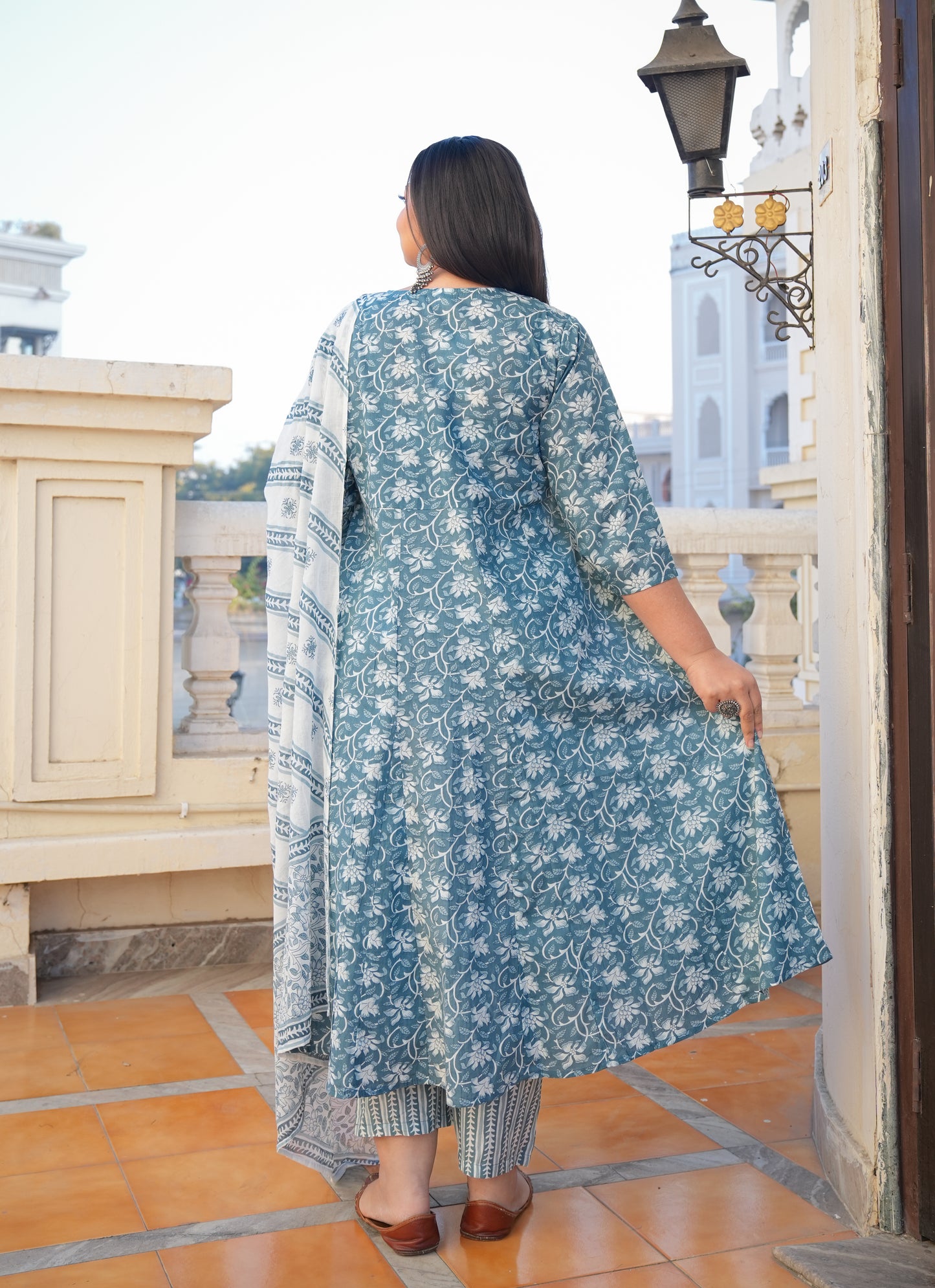 yash gallery womens floral printed anarkali kurta with pants dupatta set blue