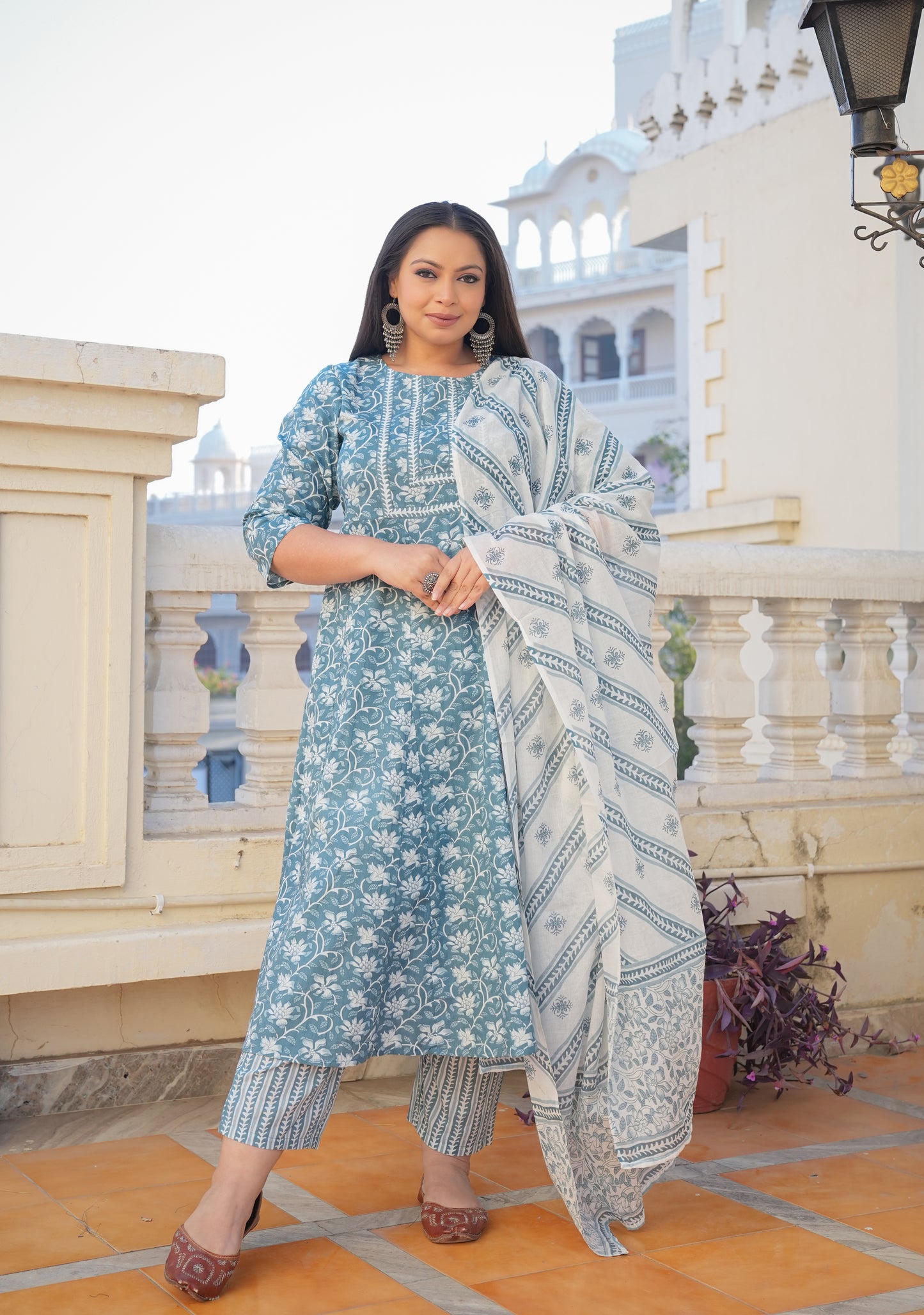 yash gallery womens floral printed anarkali kurta with pants dupatta set blue