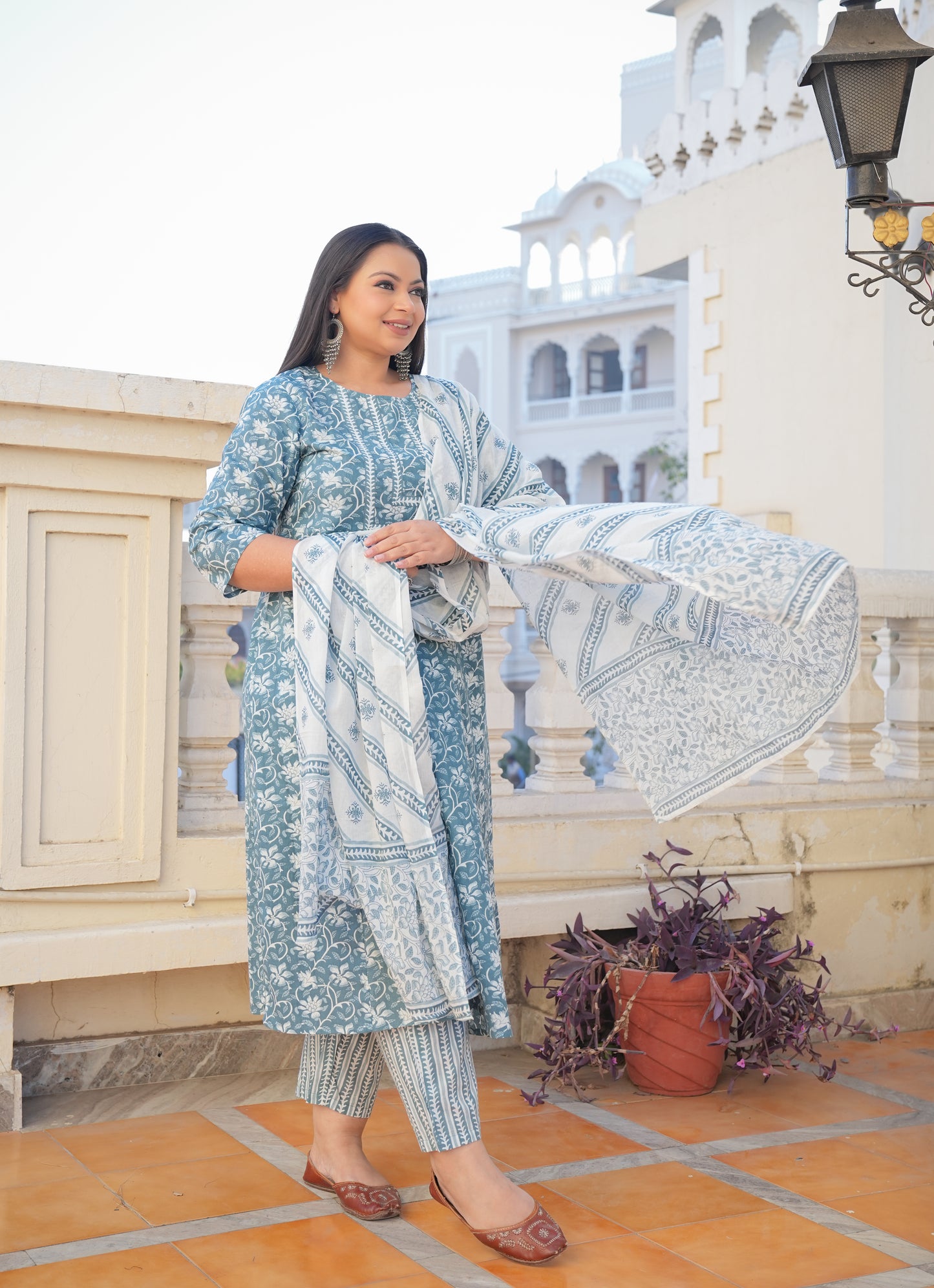 yash gallery womens floral printed anarkali kurta with pants dupatta set blue