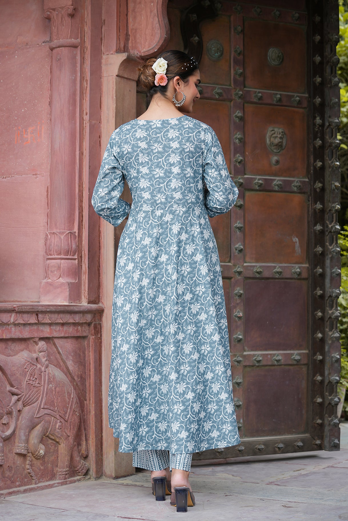 yash gallery womens floral printed anarkali kurta with pants dupatta set blue