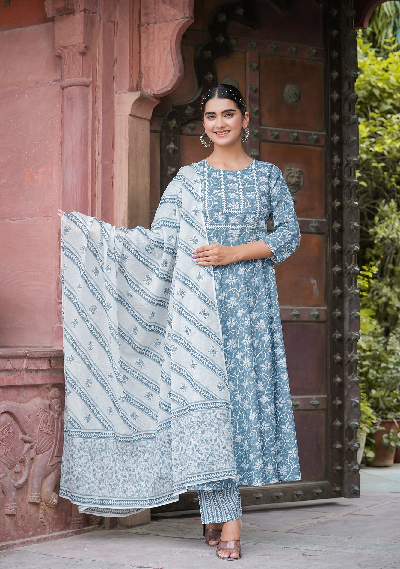 yash gallery womens floral printed anarkali kurta with pants dupatta set blue