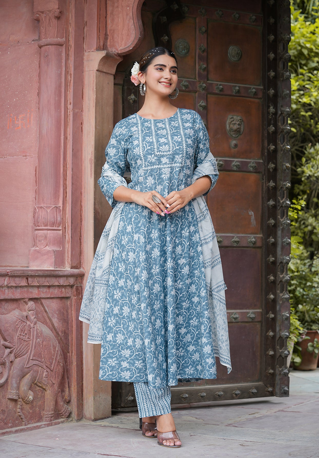 yash gallery womens floral printed anarkali kurta with pants dupatta set blue