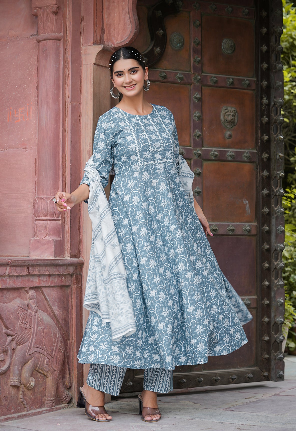 yash gallery womens floral printed anarkali kurta with pants dupatta set blue