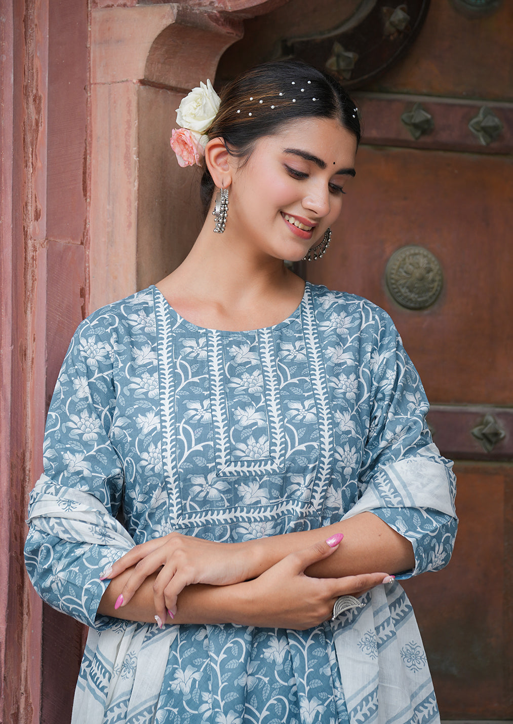 yash gallery womens floral printed anarkali kurta with pants dupatta set blue
