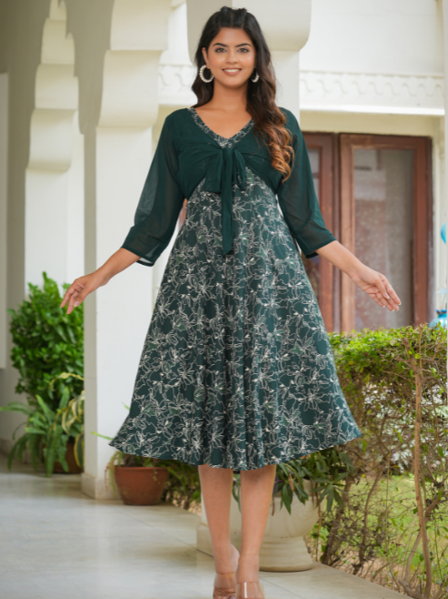 yash gallery womens floral printed jacket style anarkali dress green