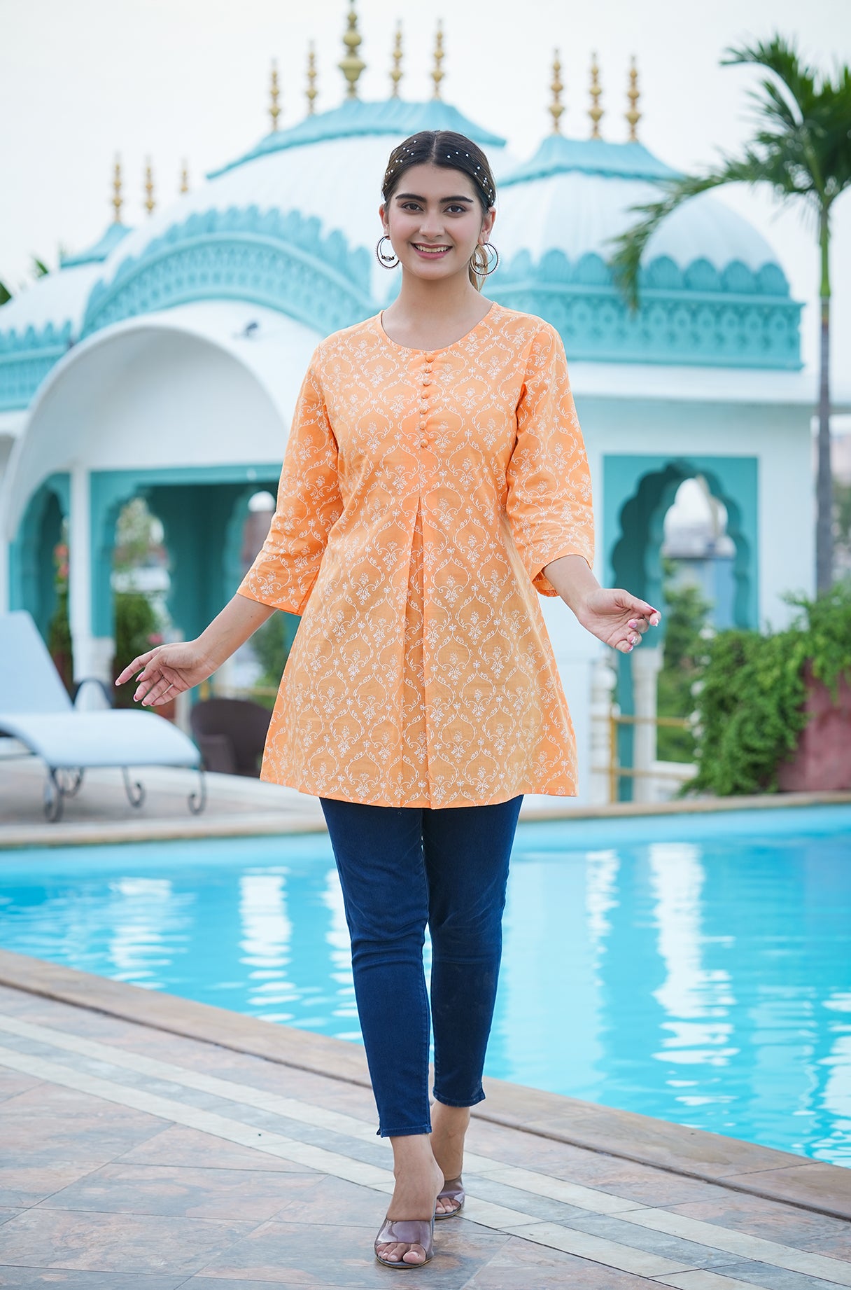 womens cotton floral printed short kurti orange