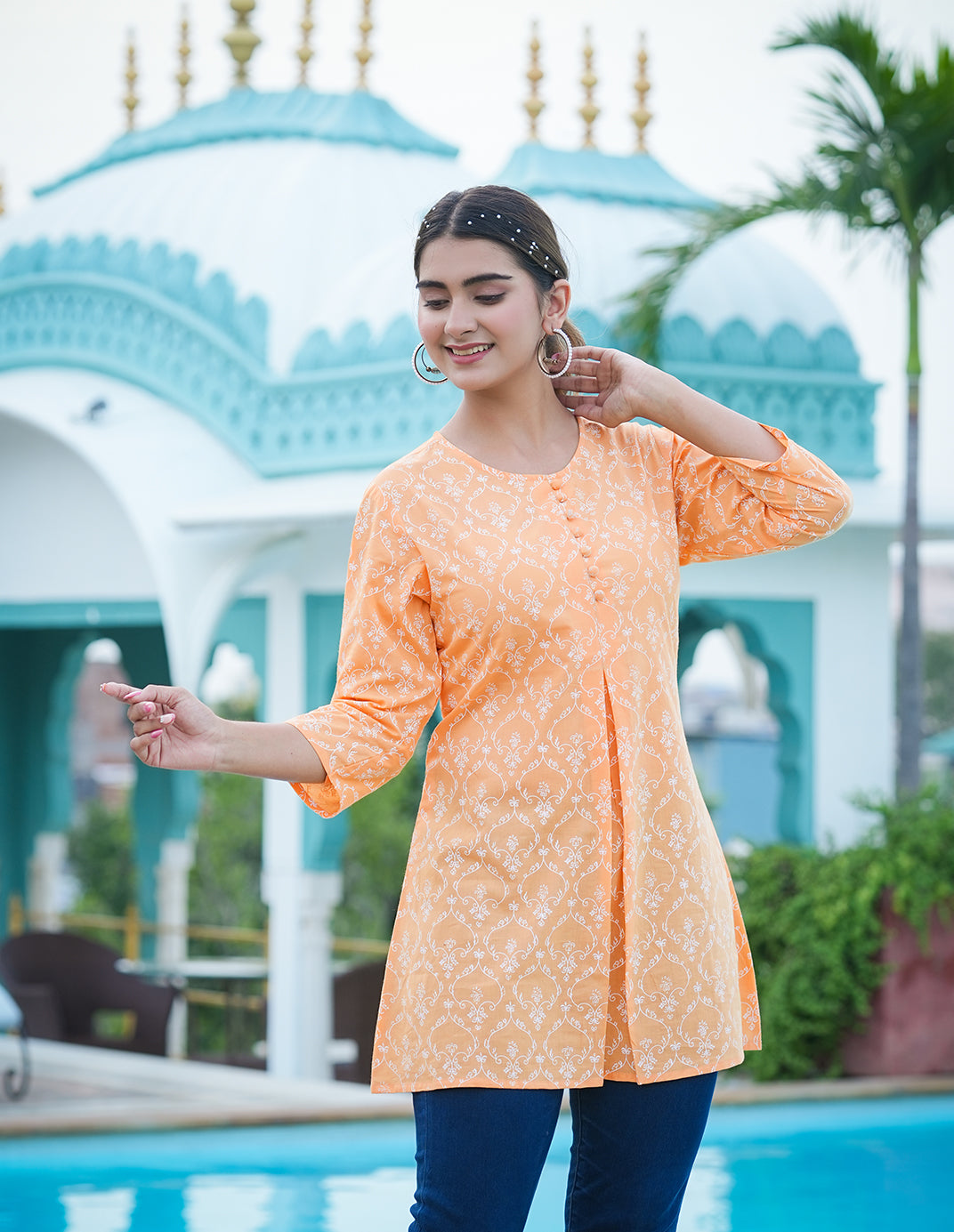 womens cotton floral printed short kurti orange