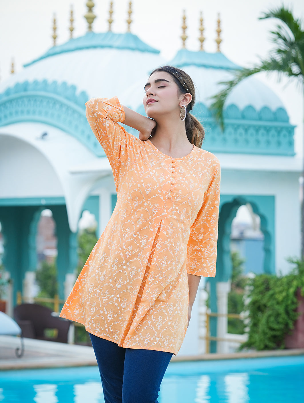 womens cotton floral printed short kurti orange