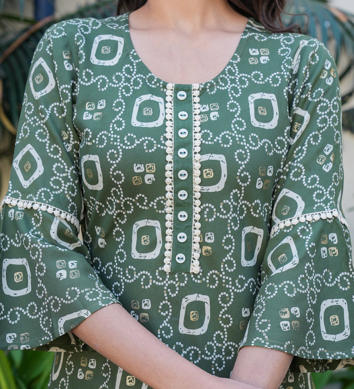 yash gallery womens rayon bandhej printed a line kurta green