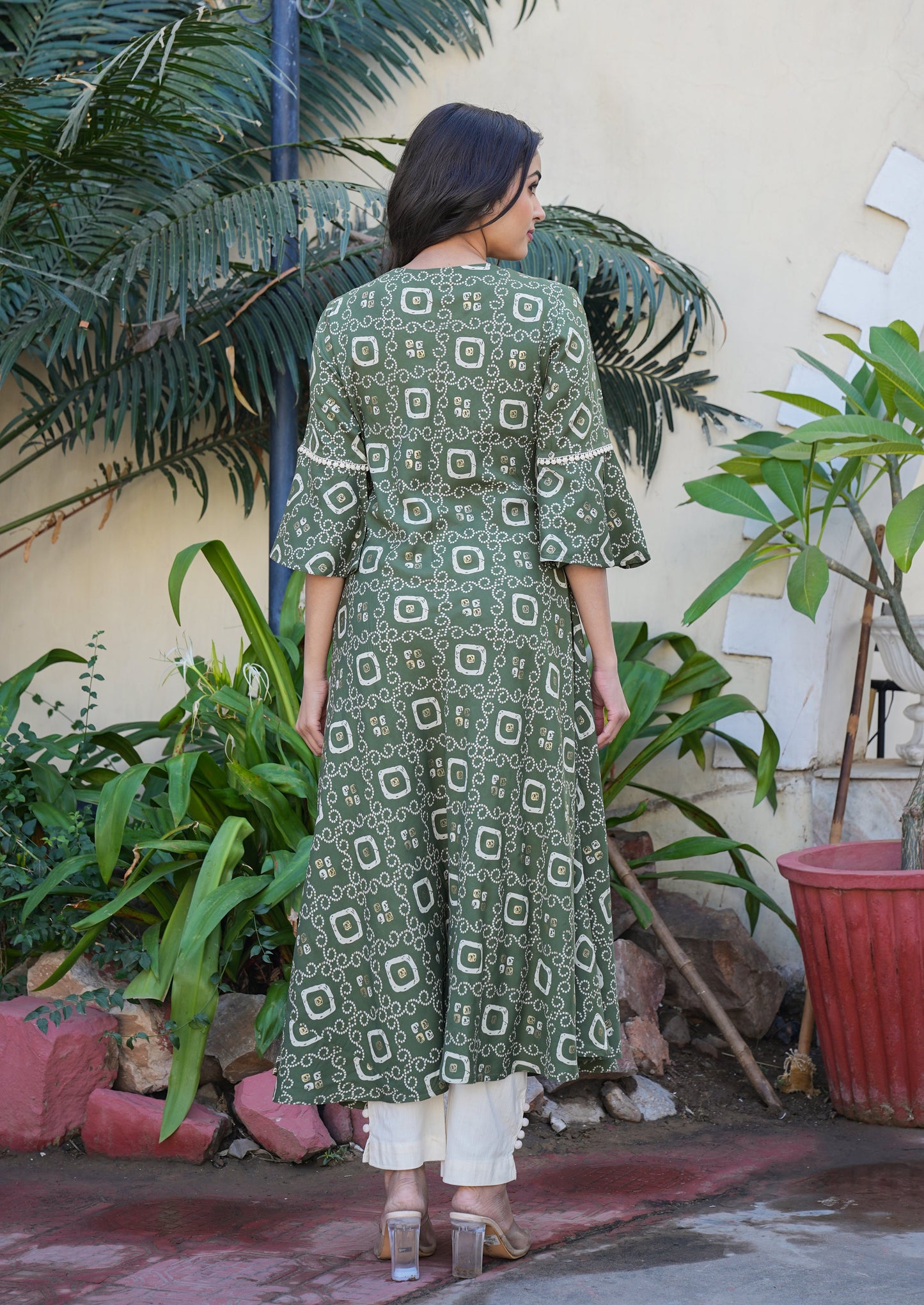 yash gallery womens rayon bandhej printed a line kurta green
