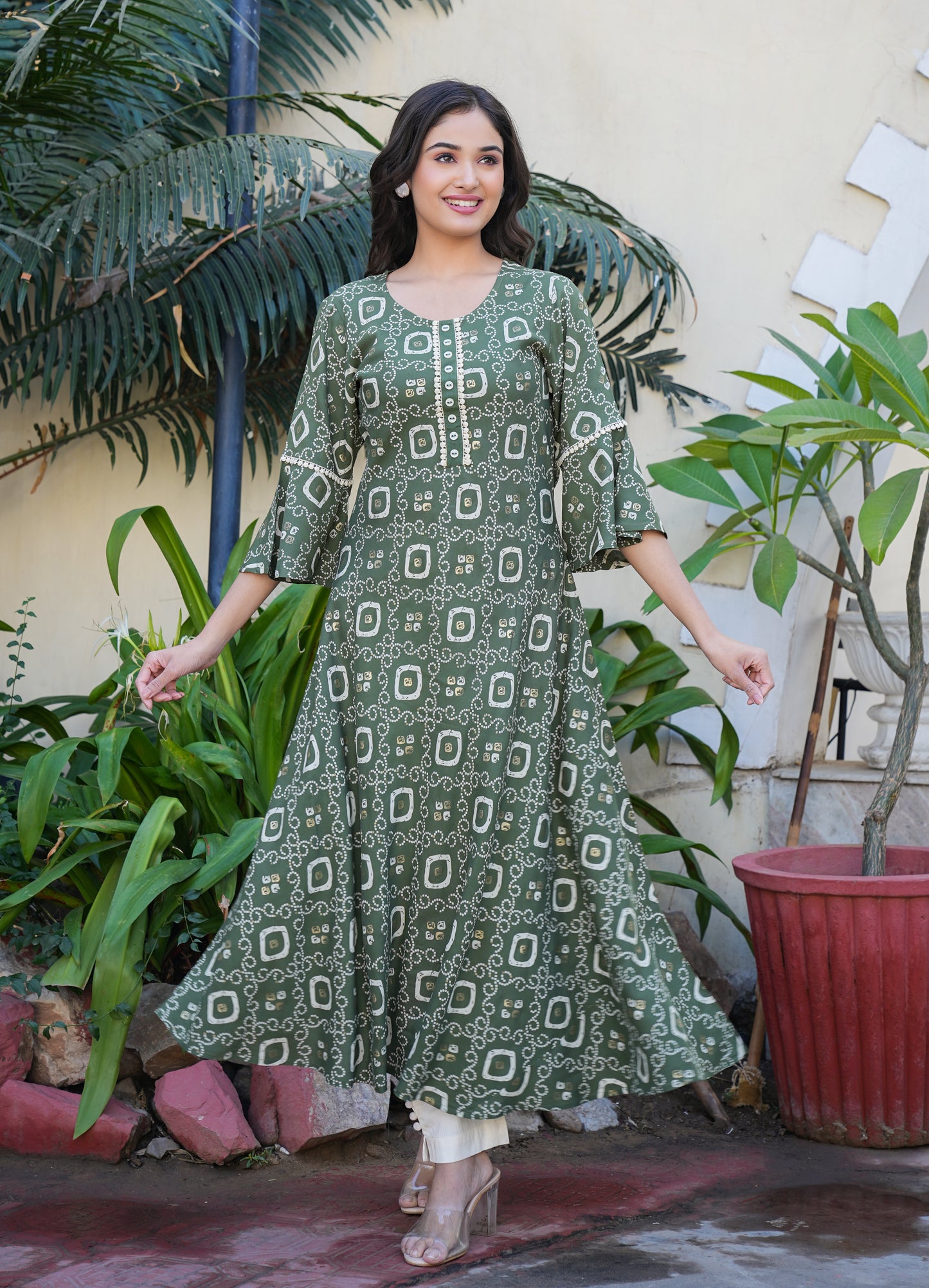 yash gallery womens rayon bandhej printed a line kurta green