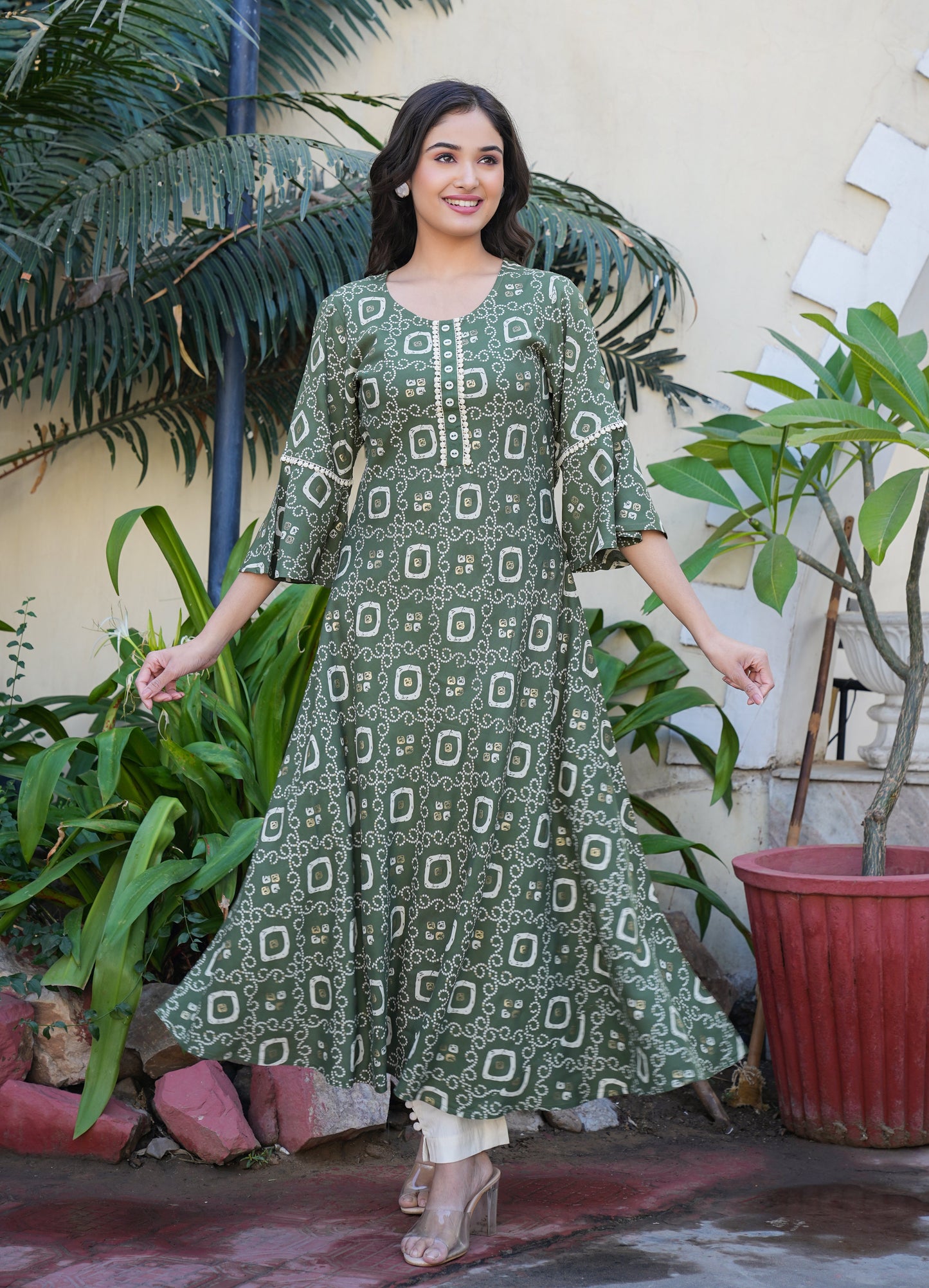 yash gallery womens rayon bandhej printed a line kurta green