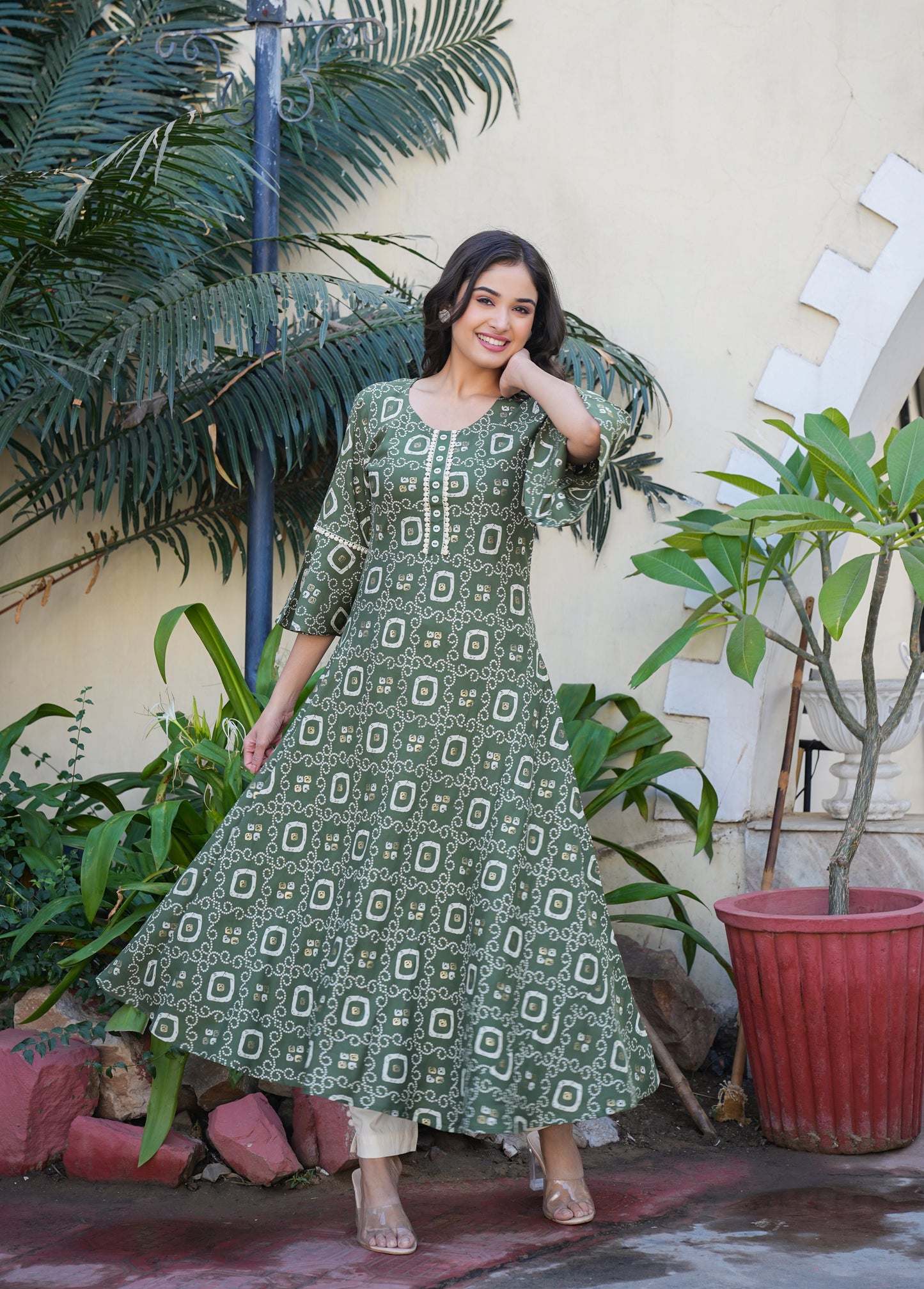 yash gallery womens rayon bandhej printed a line kurta green