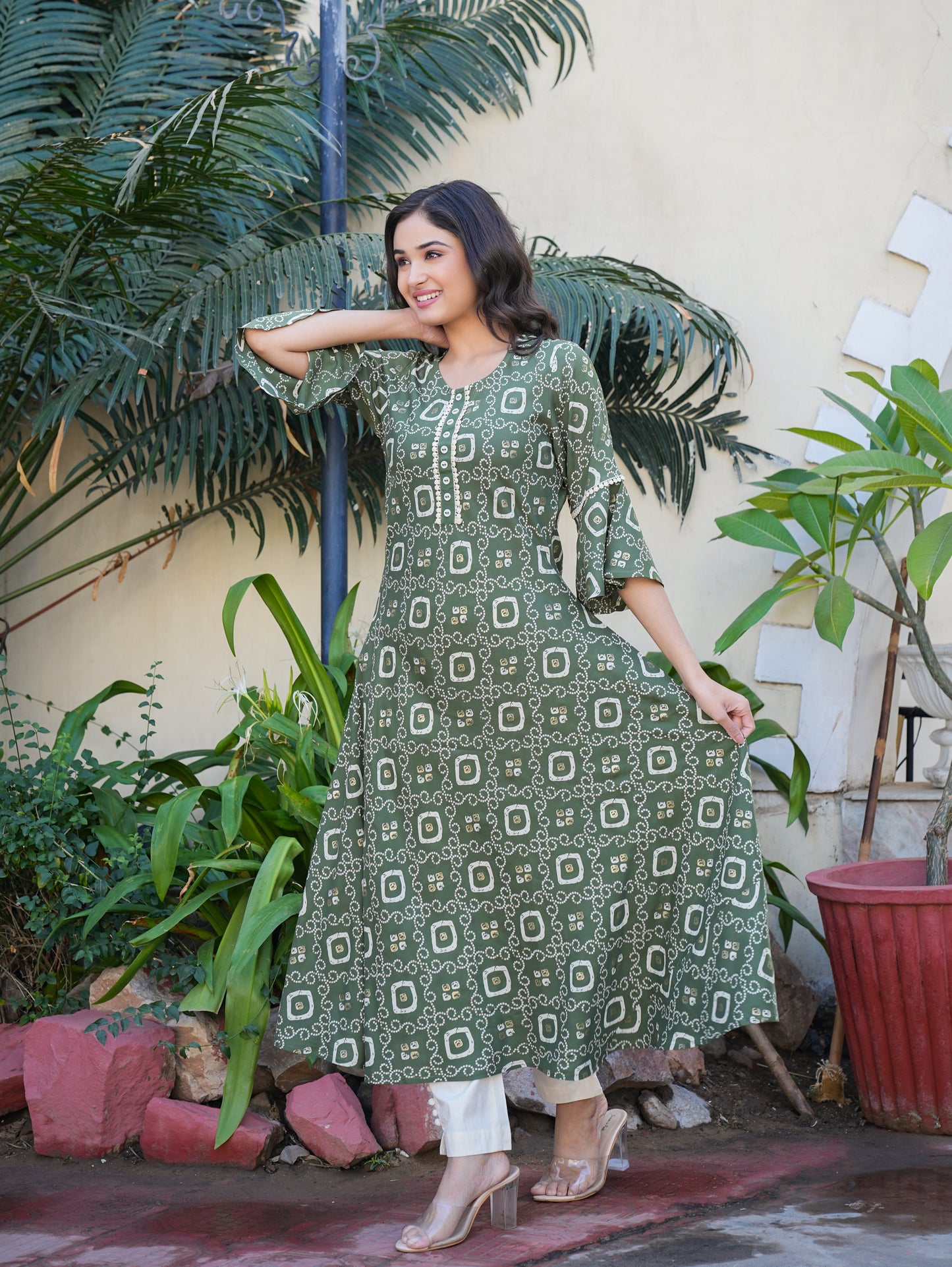 yash gallery womens rayon bandhej printed a line kurta green
