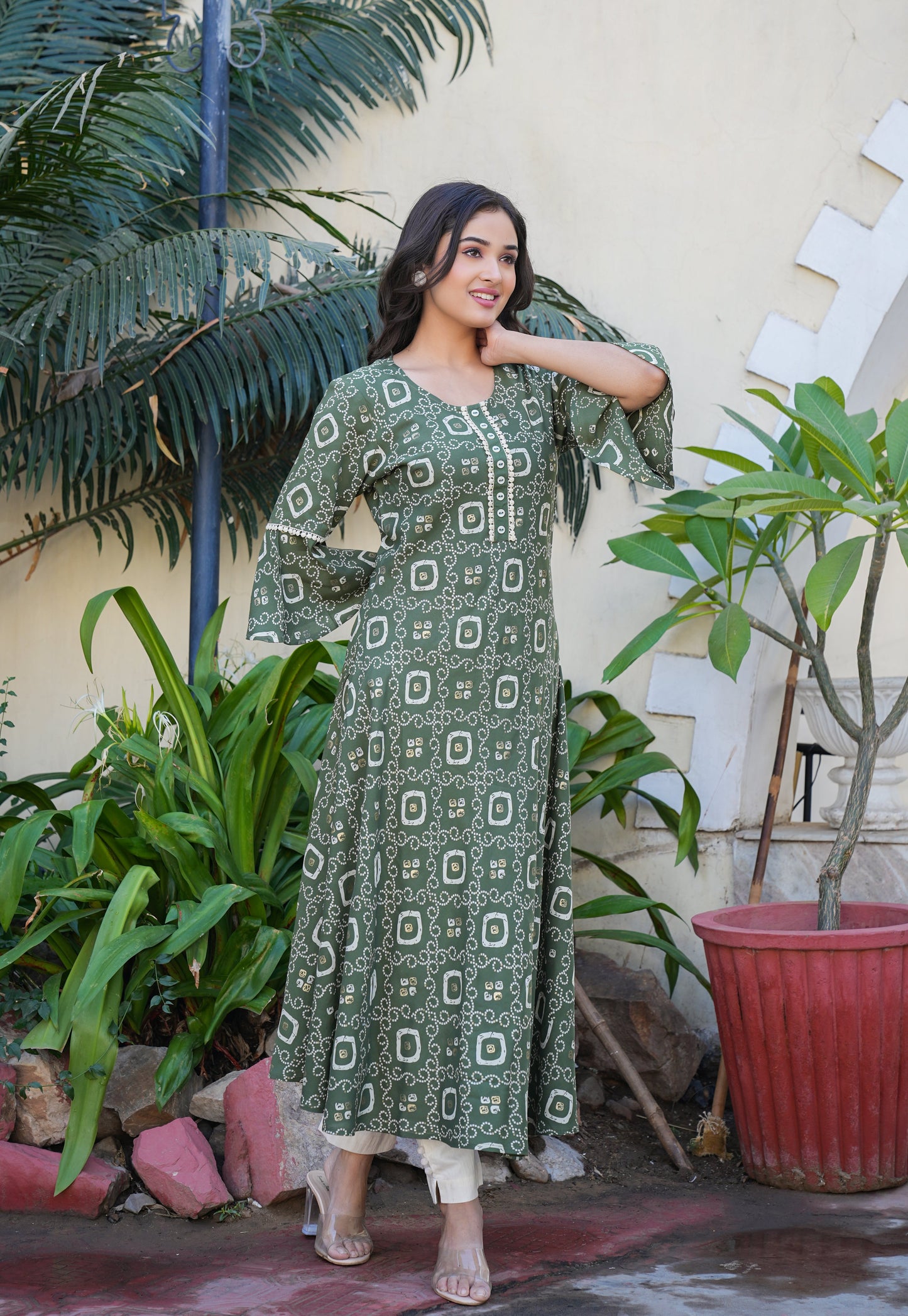 yash gallery womens rayon bandhej printed a line kurta green