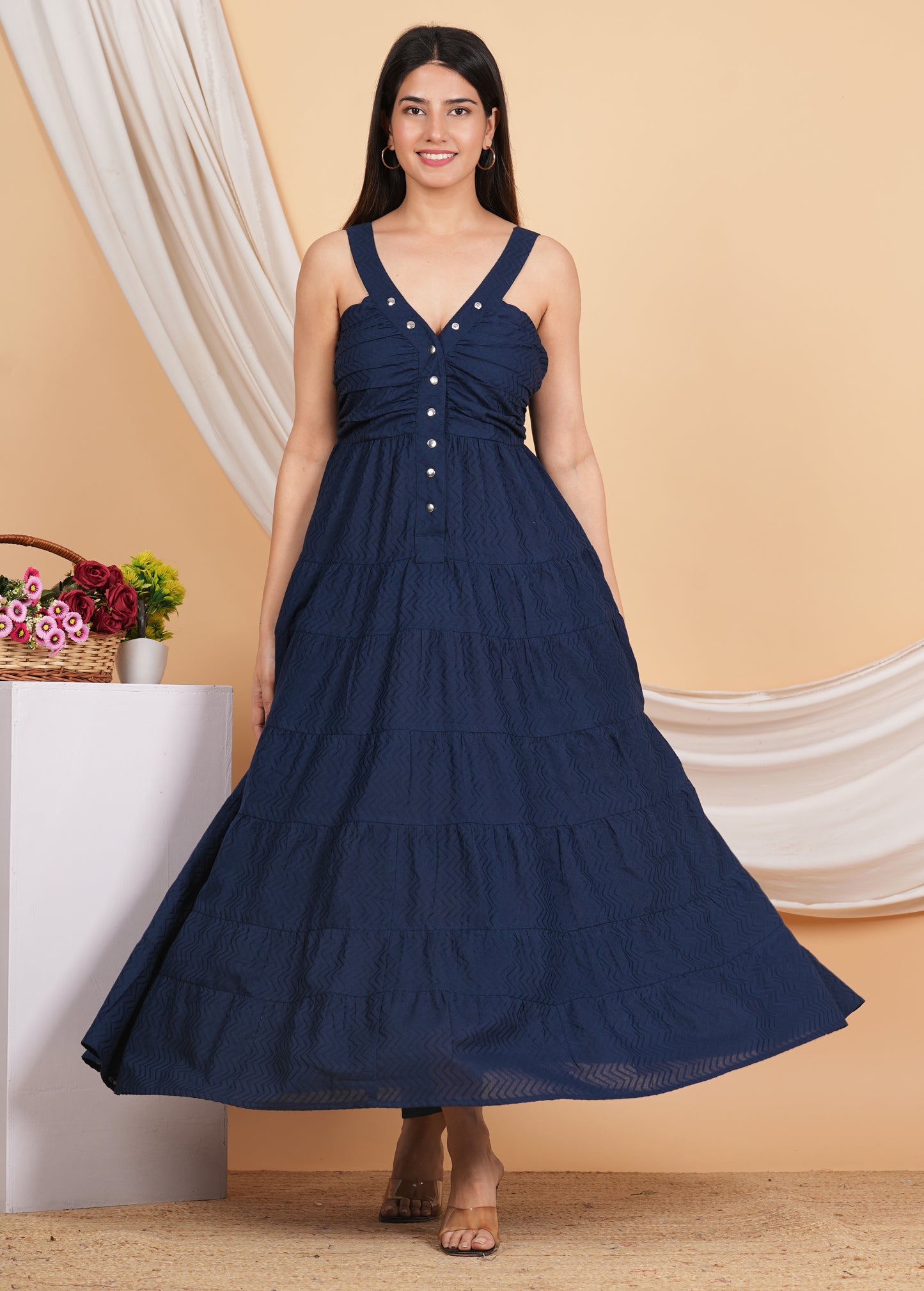 Yash Gallery Women's Cotton Solid Maxi Dress V-Neck OpenUp With Chit Button Summer Boho Dress