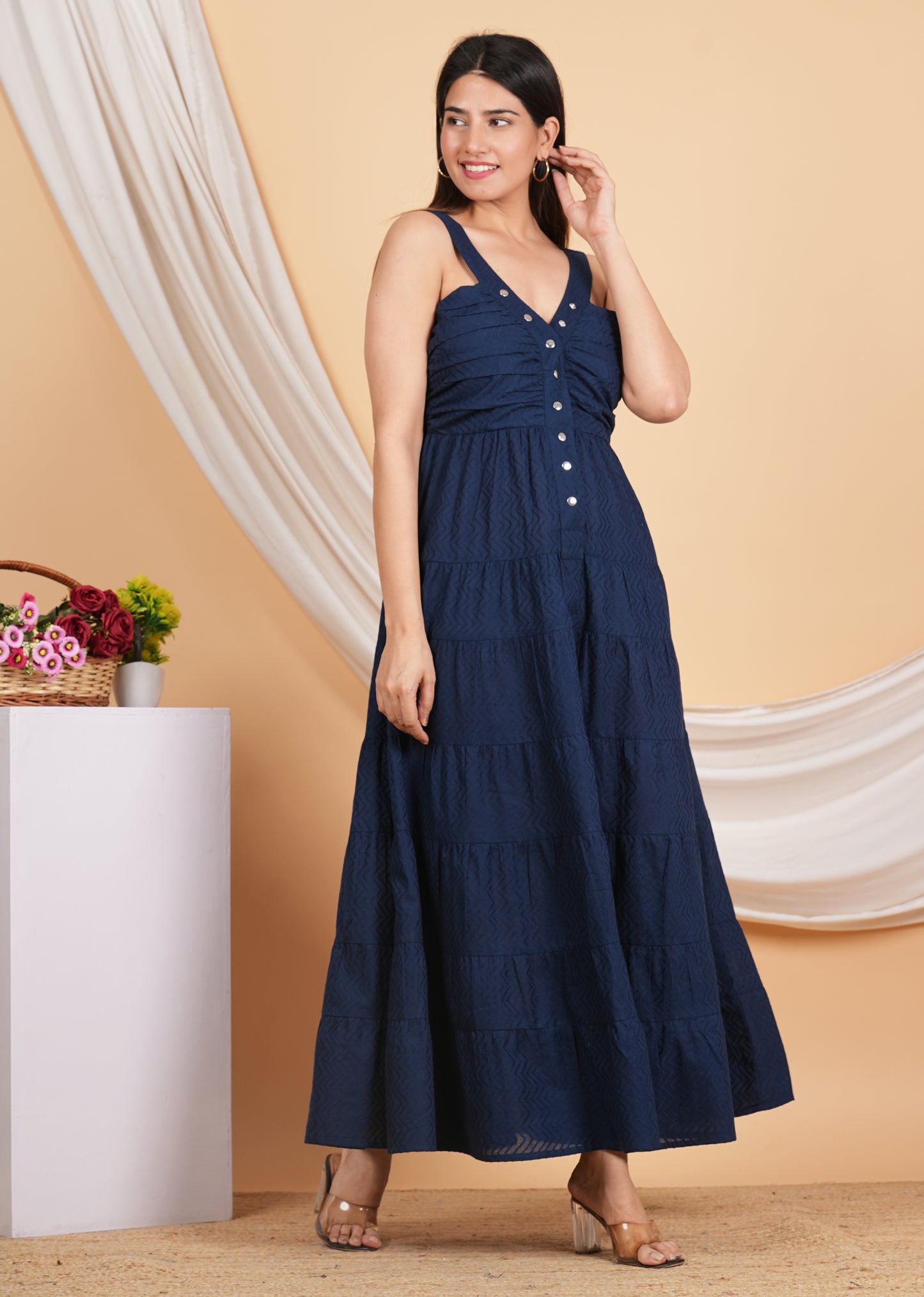 Yash Gallery Women's Cotton Solid Maxi Dress V-Neck OpenUp With Chit Button Summer Boho Dress
