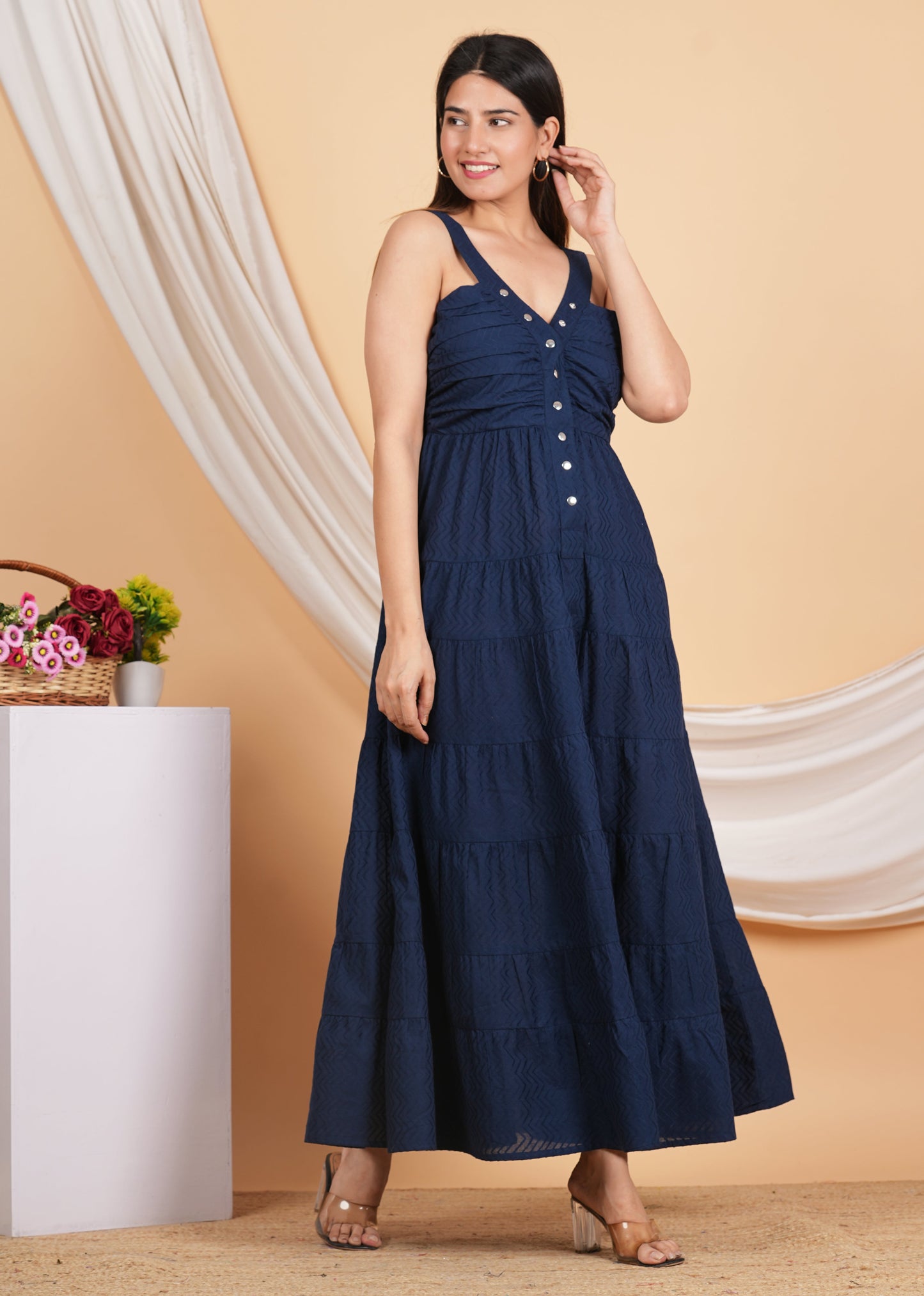 Yash Gallery Women's Cotton Solid Maxi Dress V-Neck OpenUp With Chit Button Summer Boho Dress