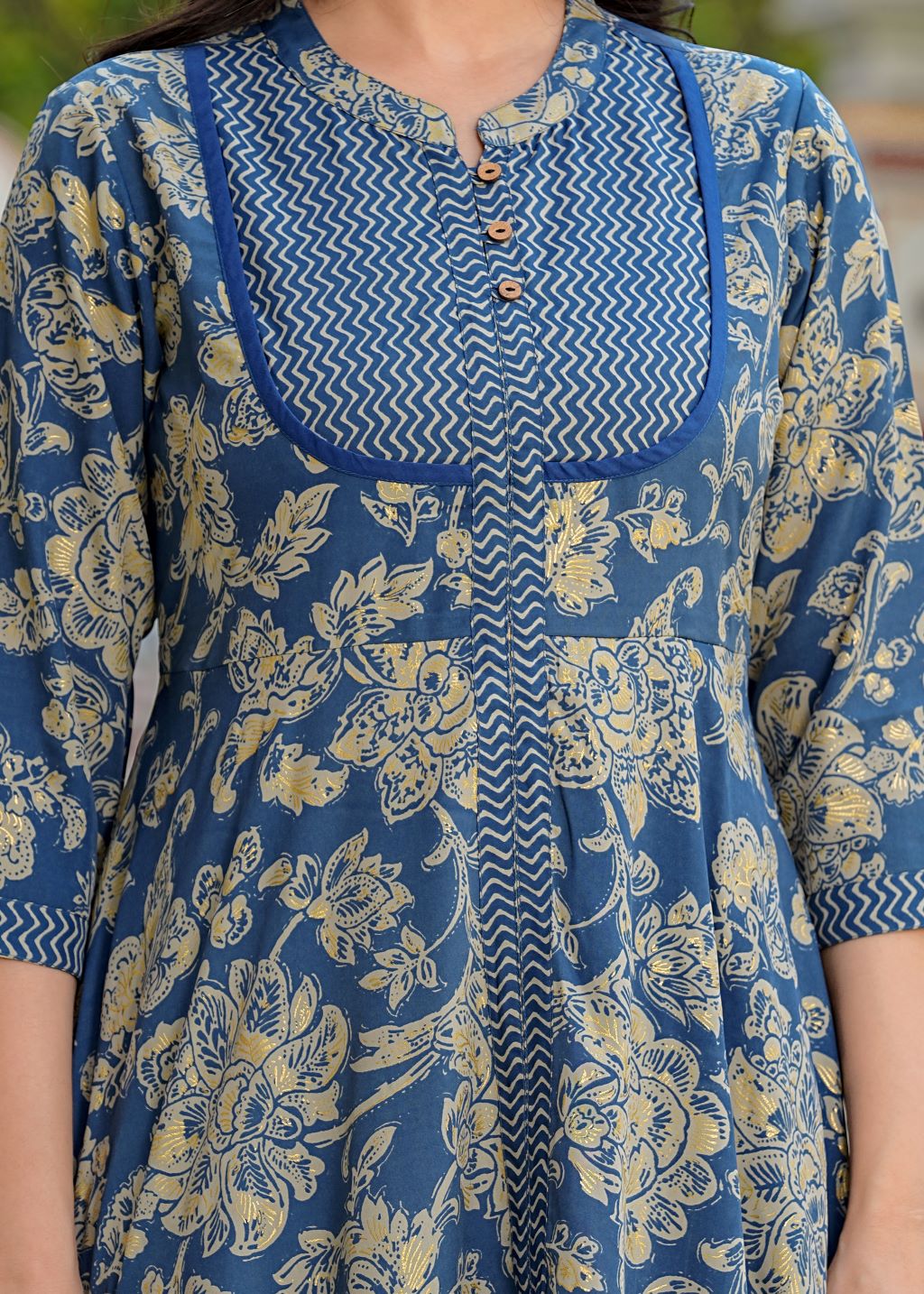 yash gallery womens floral printed anarkali kurta with zig zag printed pant dupatta blue