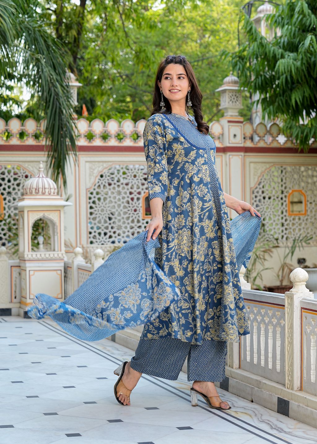 yash gallery womens floral printed anarkali kurta with zig zag printed pant dupatta blue