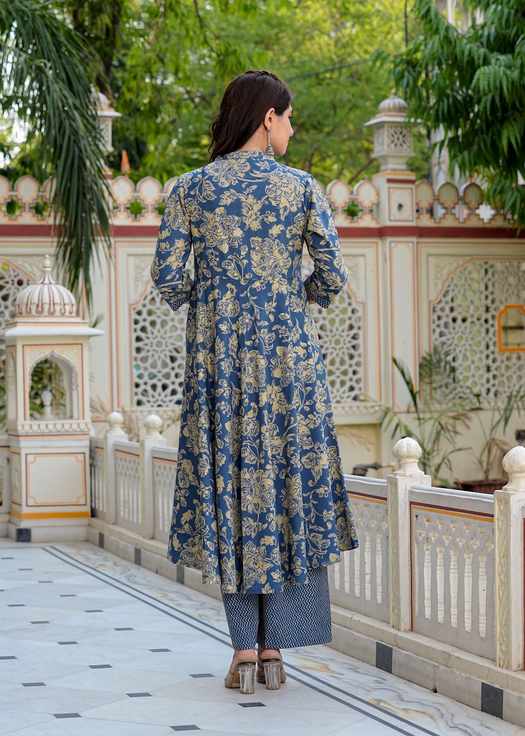 yash gallery womens floral printed anarkali kurta with zig zag printed pant dupatta blue