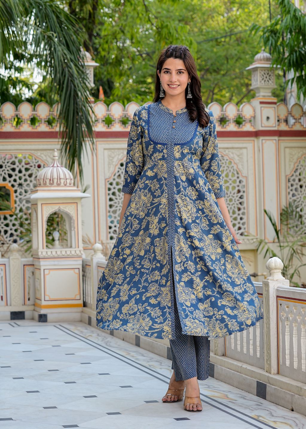 kurta dress for ladies Women's Sky Chiffon Digital Print Kurta Set Blue / M