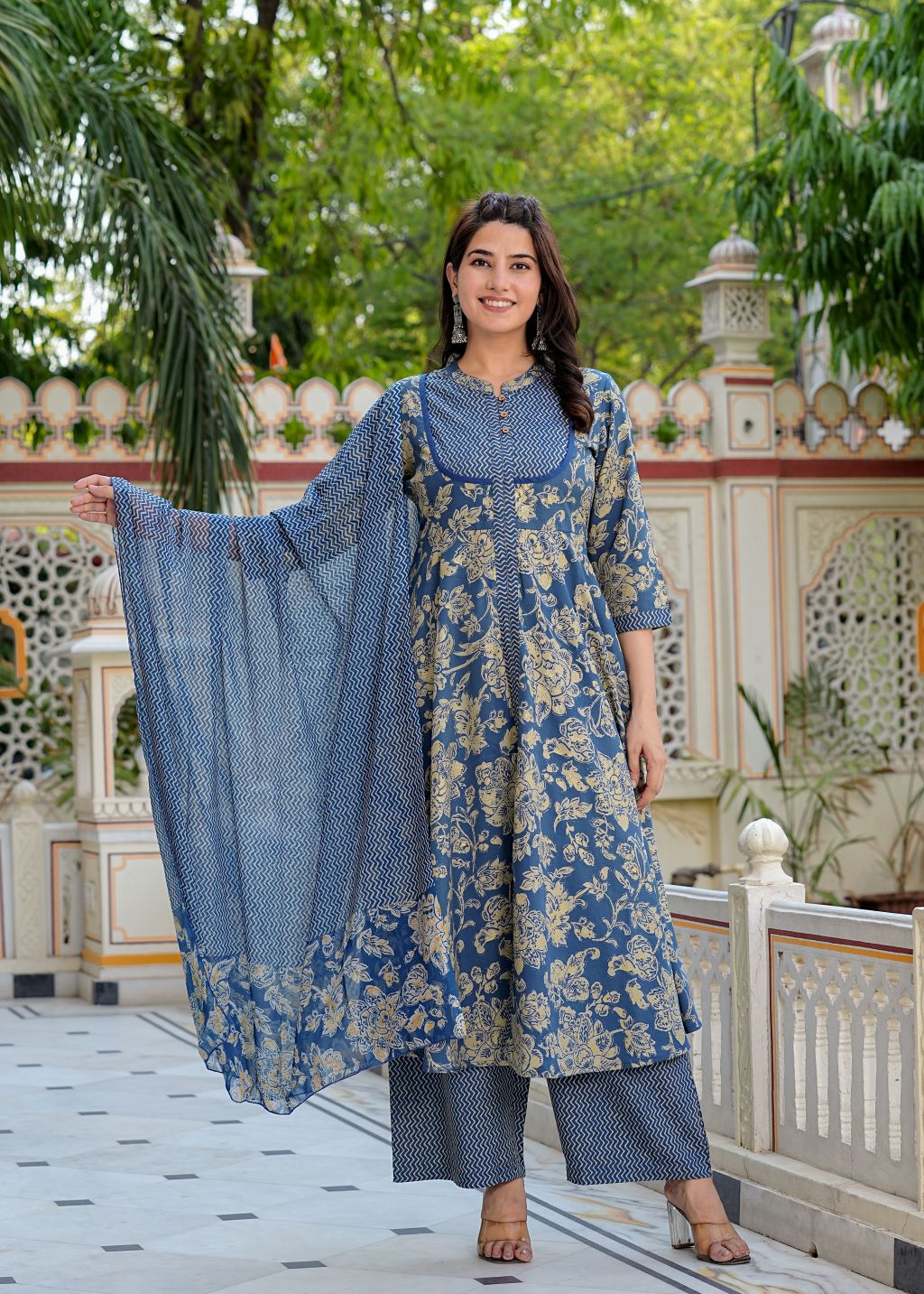 yash gallery womens floral printed anarkali kurta with zig zag printed pant dupatta blue