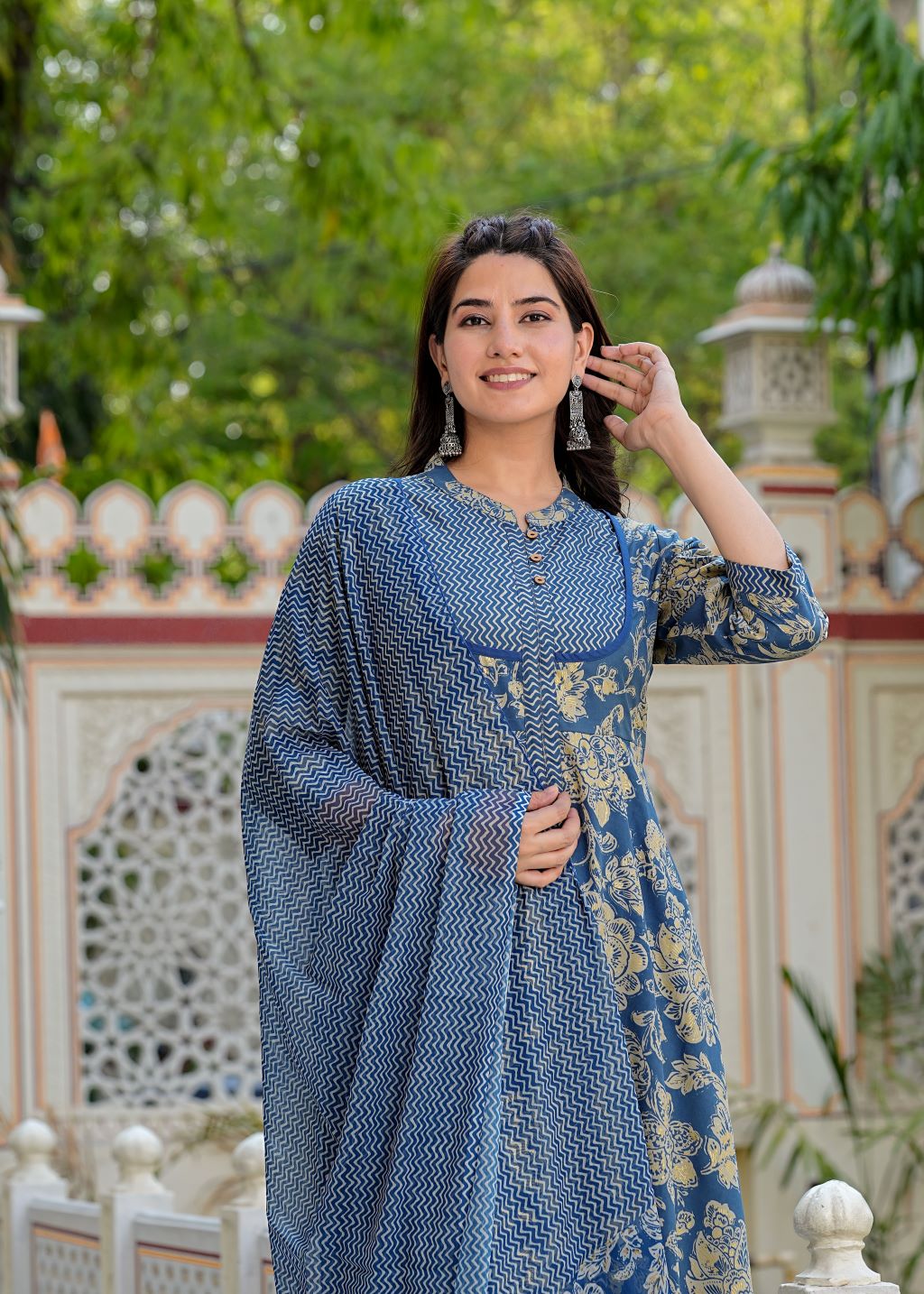 yash gallery womens floral printed anarkali kurta with zig zag printed pant dupatta blue