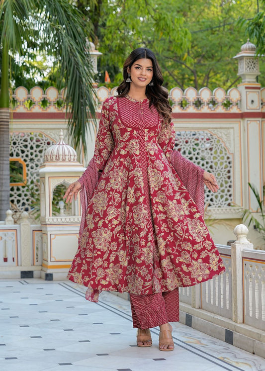 yash gallery womens floral printed anarkali kurta with zig zag printed pant dupatta maroon