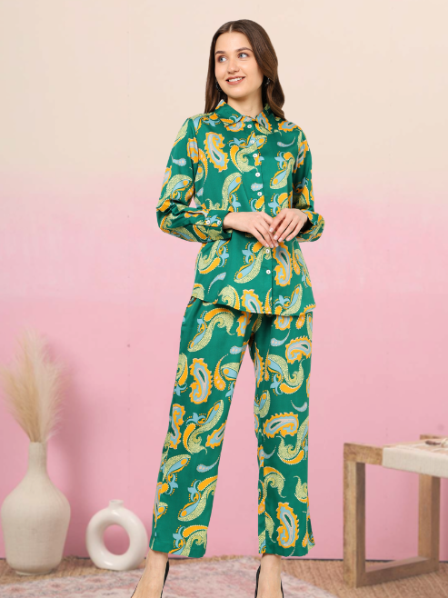 YASH GALLERY Women's Buta Printed Co-ord Set(Green)