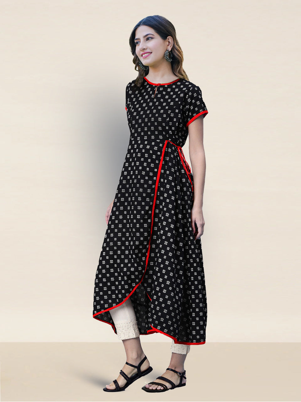 Cotton Printed Anarkali Kurta (Black;Red)