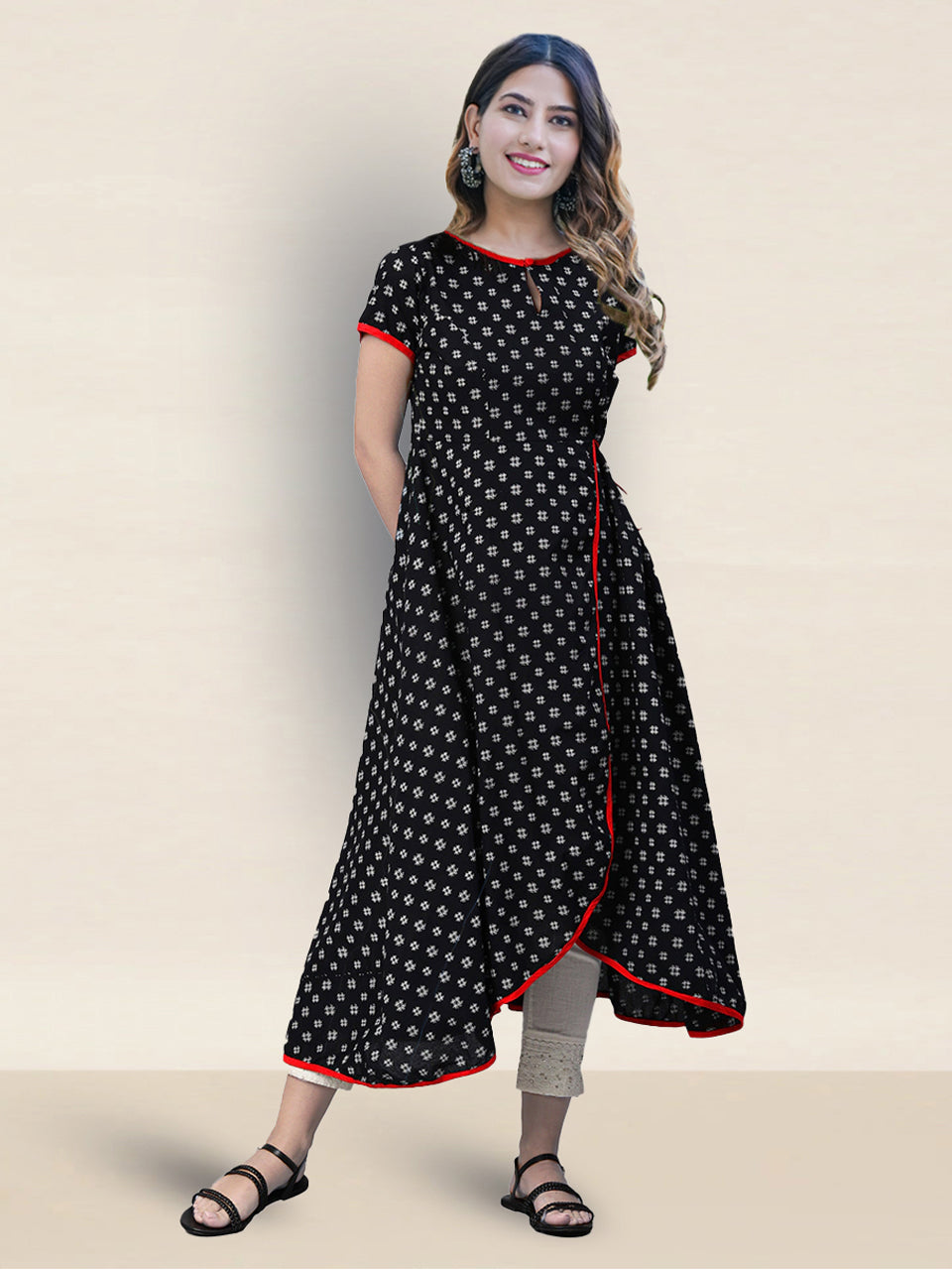 Cotton Printed Anarkali Kurta (Black;Red)