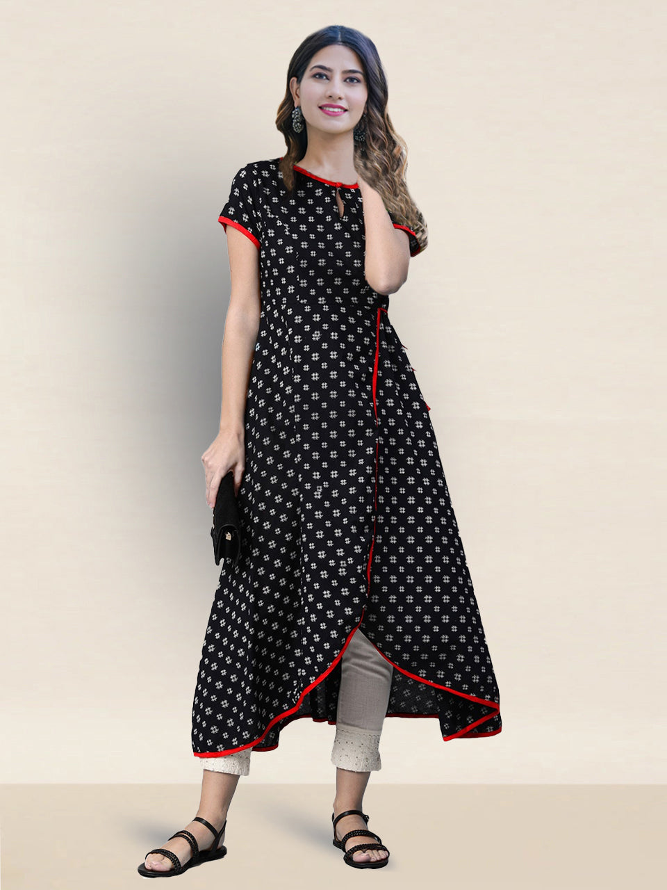 Cotton Printed Anarkali Kurta (Black;Red)