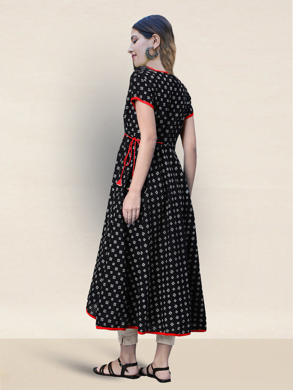Cotton Printed Anarkali Kurta (Black;Red)