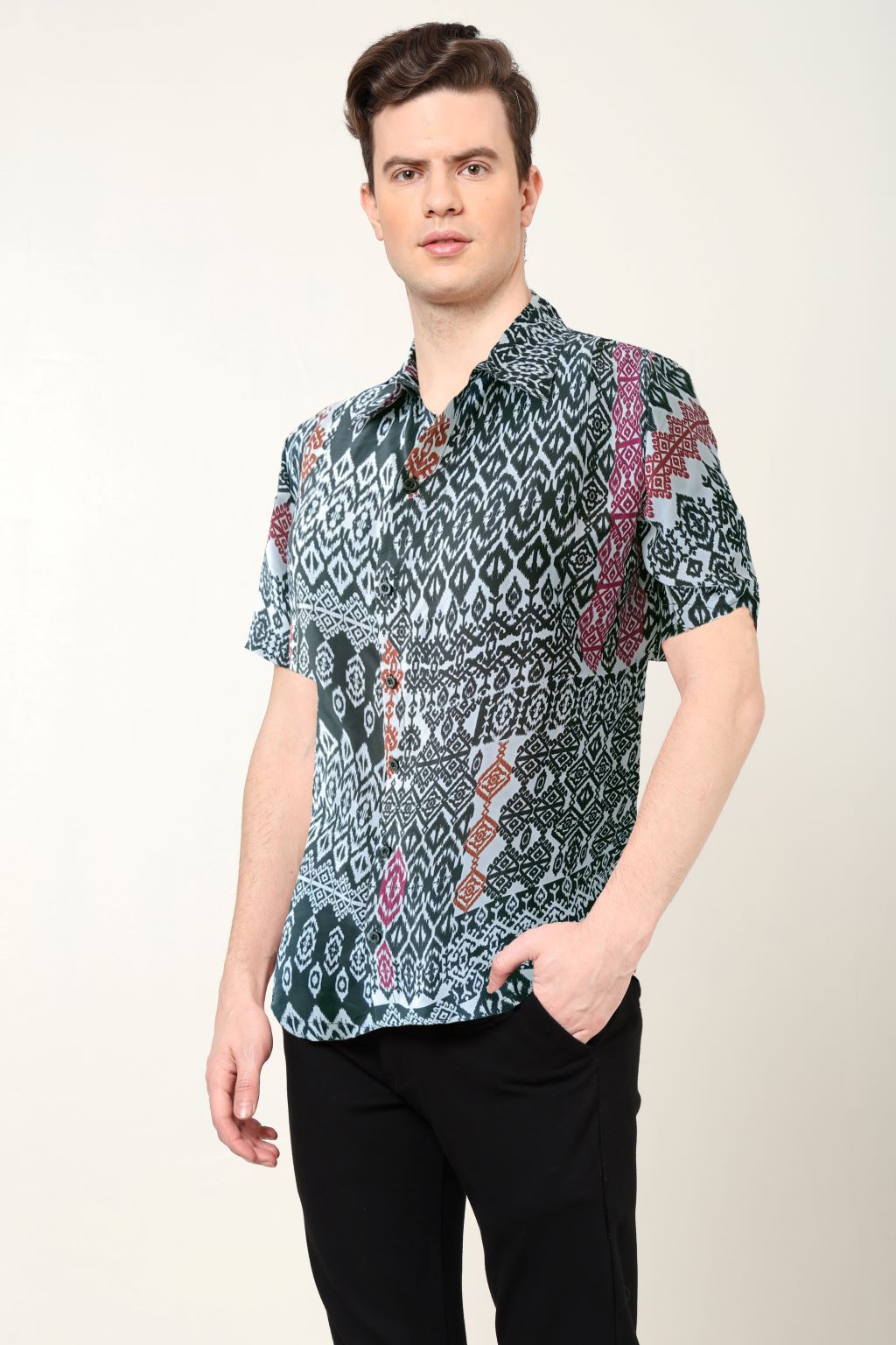 yash gallery mens polyester geomatrical printed regular shirt black