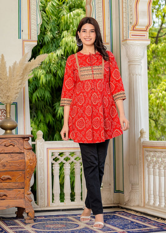 yash gallery cotton mid thigh length bandej printed round neck short kurti for women