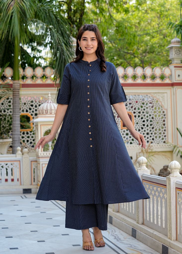 Yash Gallery Women's Kantha Stripe A-line Kurta & Pant Set (Blue) Yash Gallery Women's Kantha Stripe A-line Kurta & Pant Set (Blue)