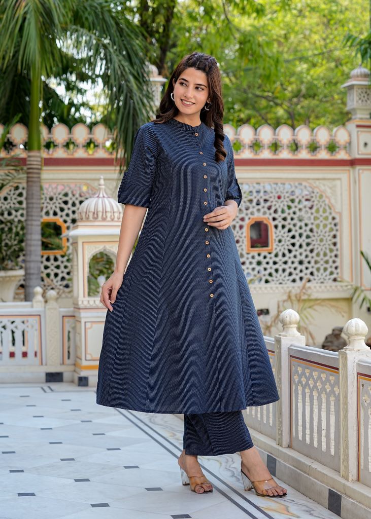 Yash Gallery Women's Kantha Stripe A-line Kurta & Pant Set (Blue)