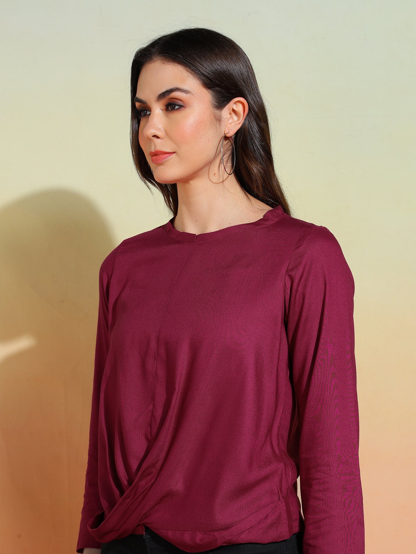 yash gallery womens rayon solid waste length draped style round neck 3 4th sleeve top