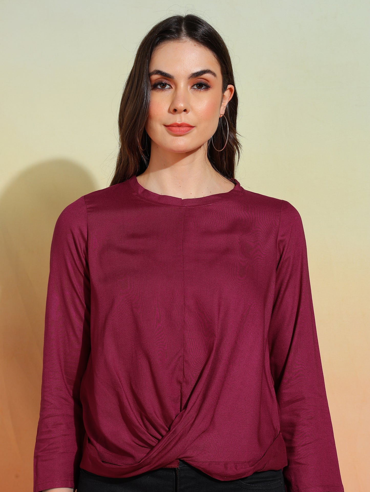 yash gallery womens rayon solid waste length draped style round neck 3 4th sleeve top