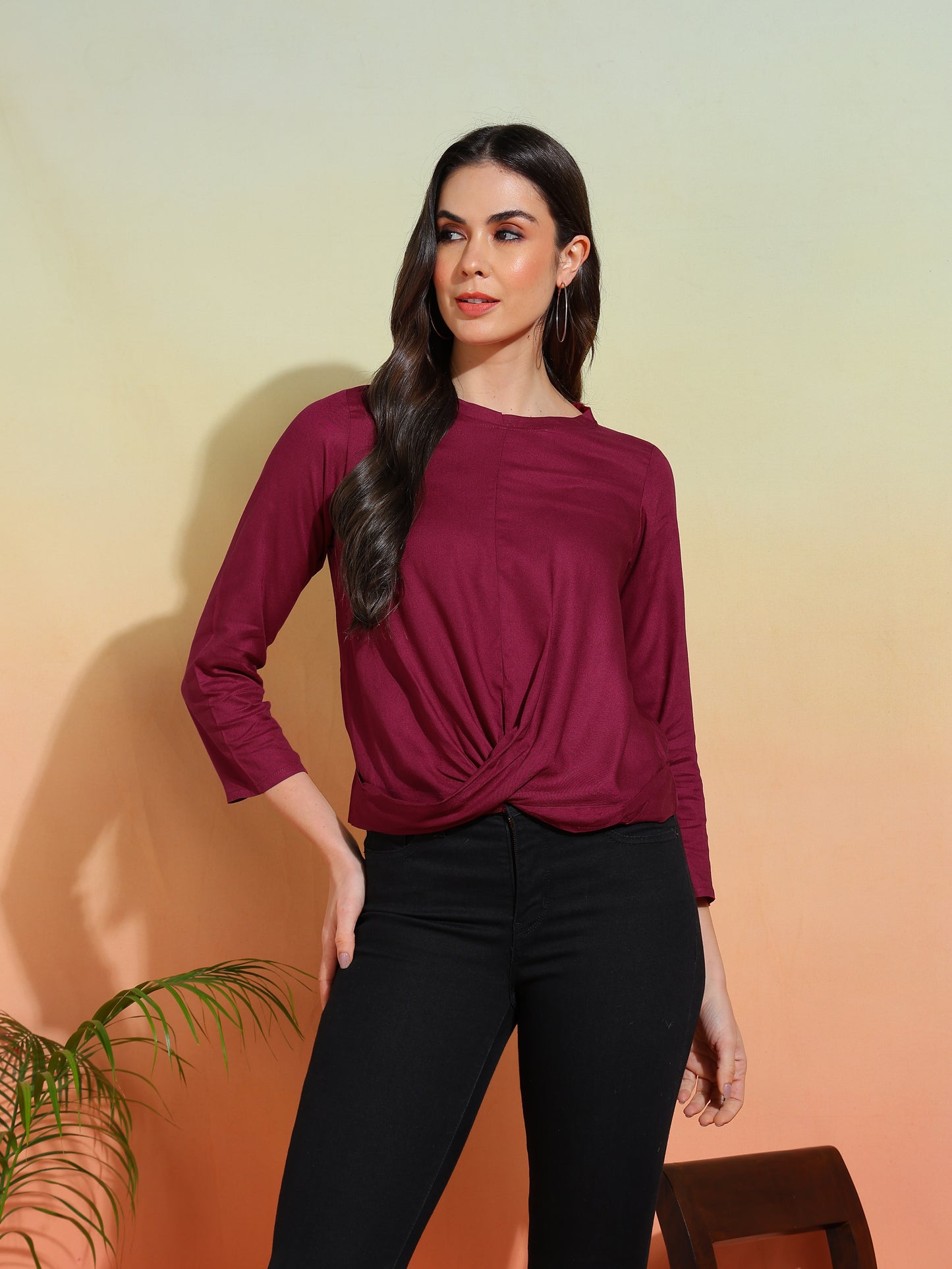 yash gallery womens rayon solid waste length draped style round neck 3 4th sleeve top