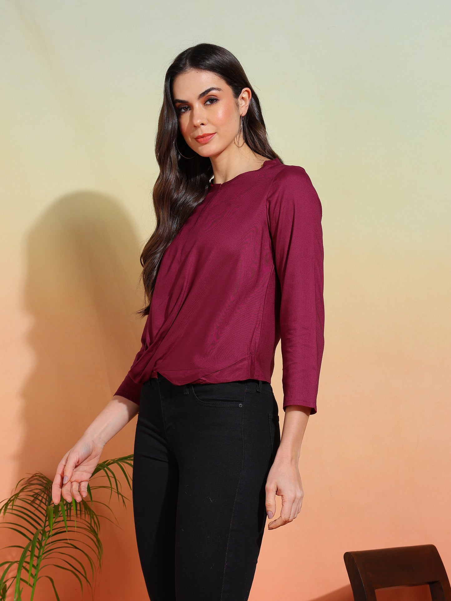 yash gallery womens rayon solid waste length draped style round neck 3 4th sleeve top