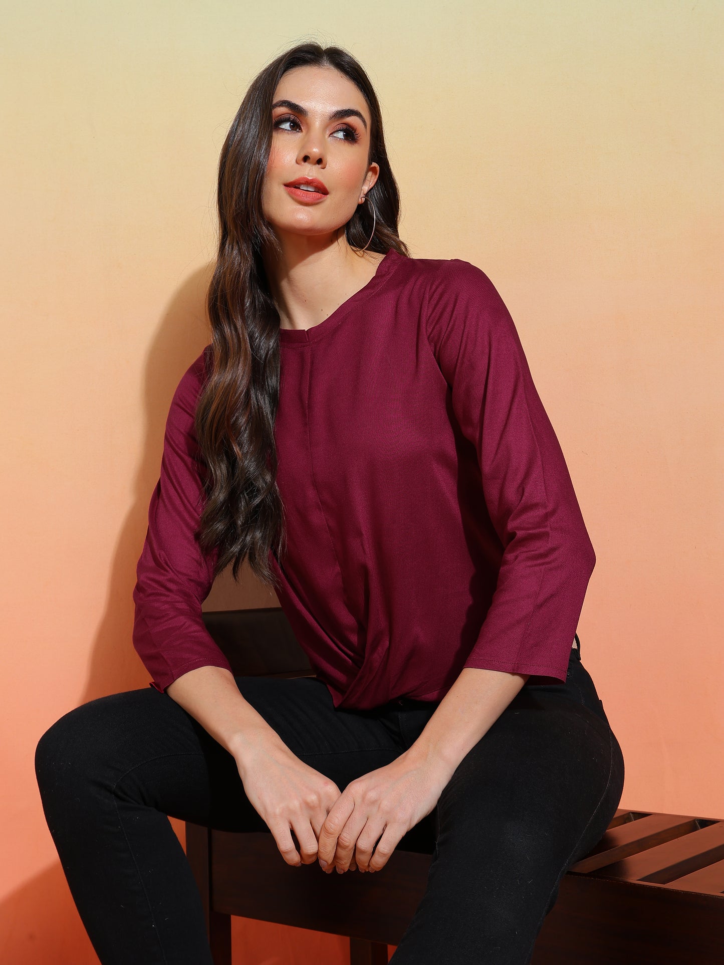 yash gallery womens rayon solid waste length draped style round neck 3 4th sleeve top