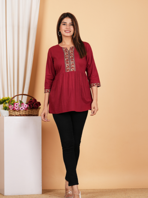 Yash Gallery Women's Cotton Waist Lengtth 3/4th Sleeves Knotch neck Regular Fitted Top