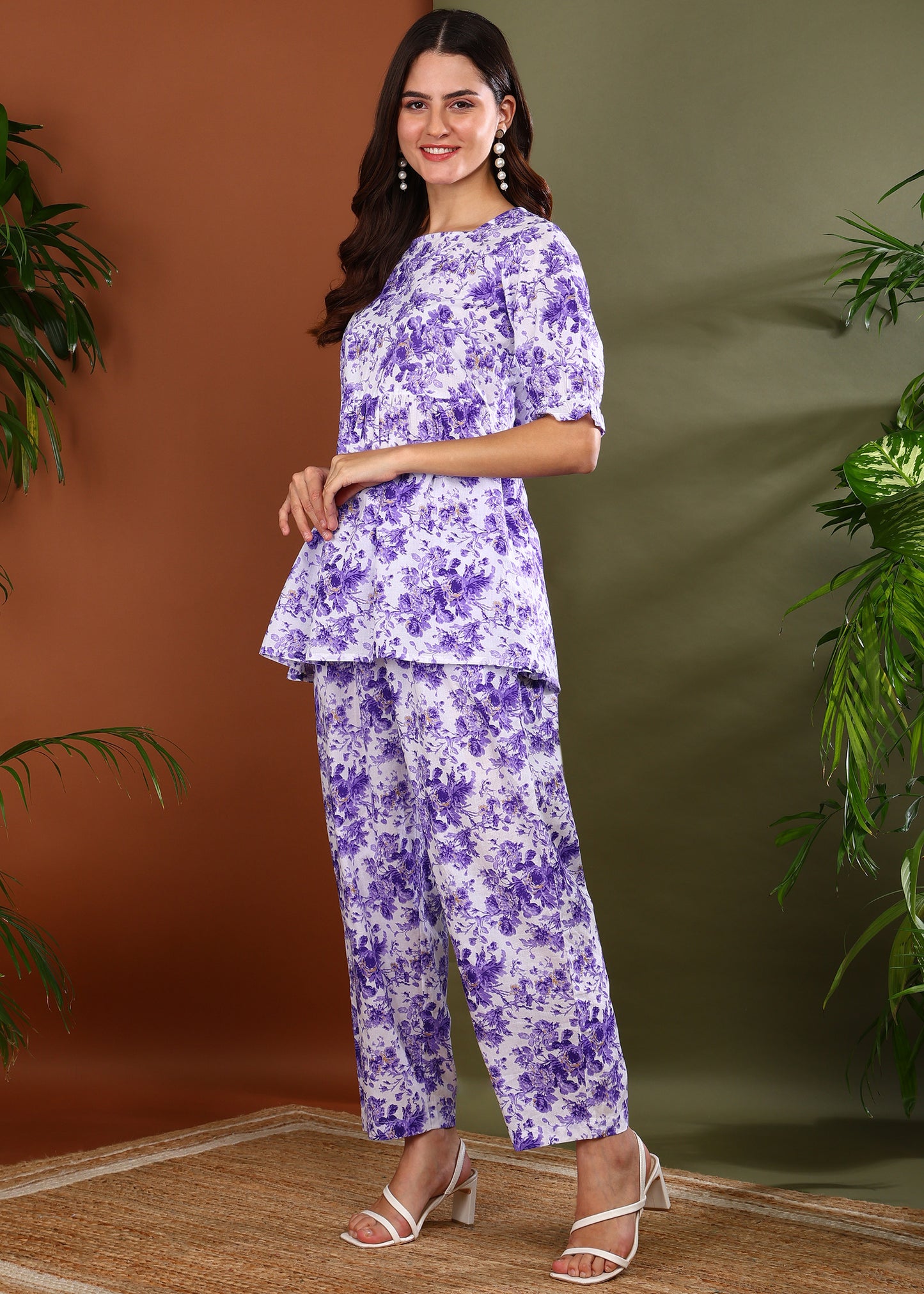 Yash Gallery Women's Lavender Cambric Cotton Floral Print Square Neck Peplum Puff Sleeve Co-ord Set || Peplum And Pant